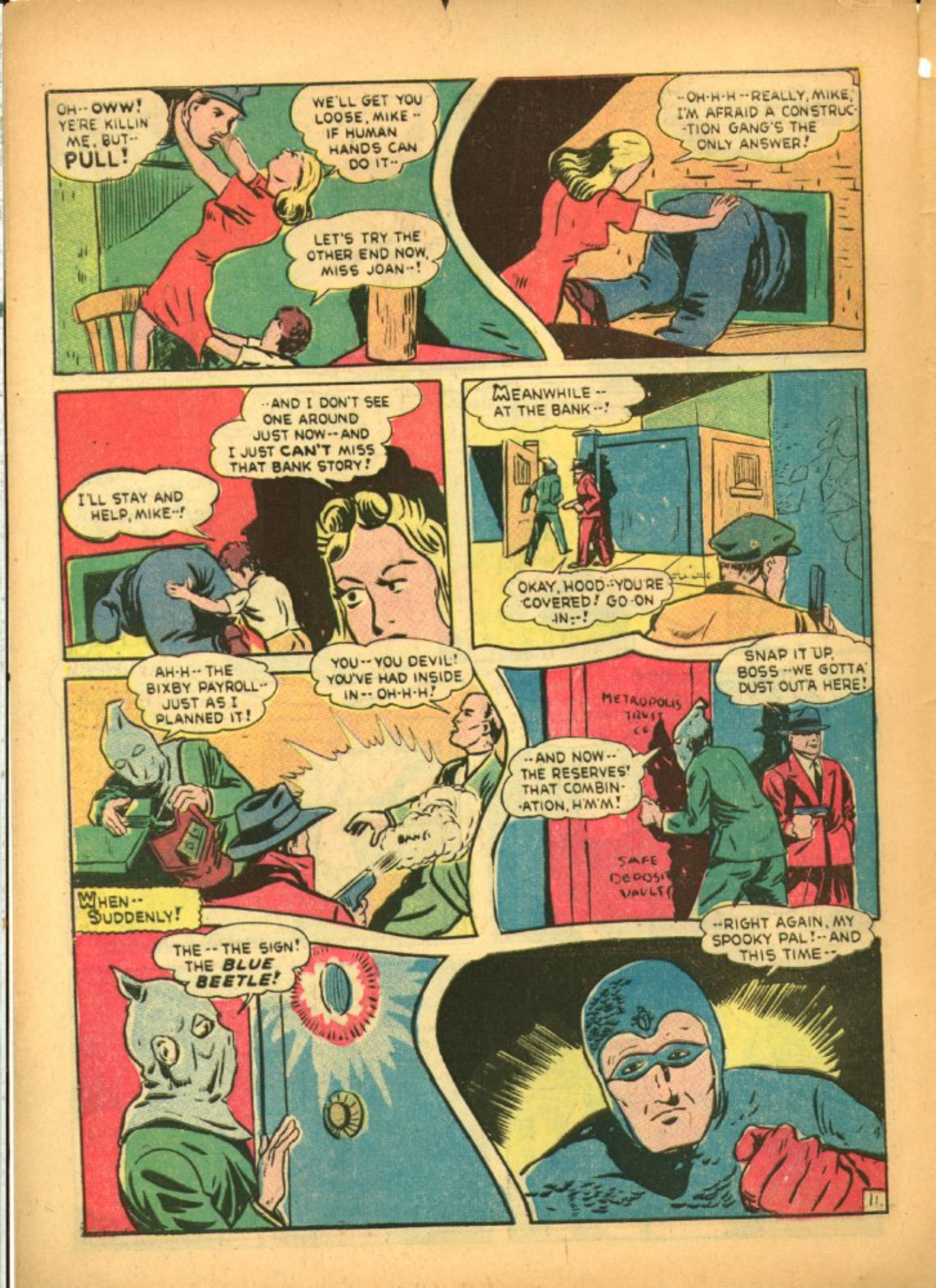 Blue Beetle (Fox / Dan Garrett), page 60. Blue Beetle (Dan Garrett). Public domain in the United States for Fox/Holyoke-era issues. Not Charlton or DC. Internet Archive folkscanomy scans used when Comic Book Plus returns 403.