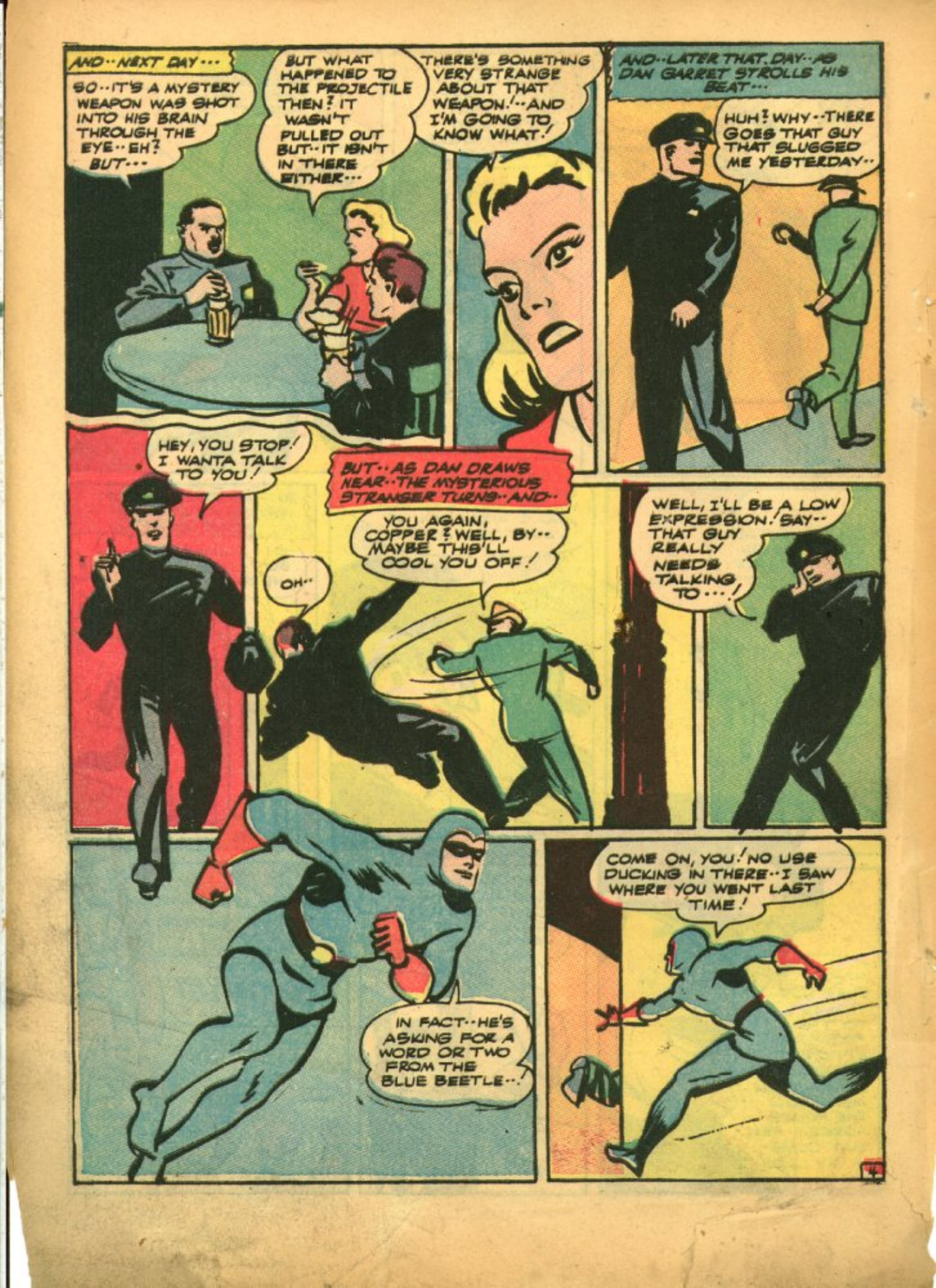 Blue Beetle (Fox / Dan Garrett), page 7. Blue Beetle (Dan Garrett). Public domain in the United States for Fox/Holyoke-era issues. Not Charlton or DC. Internet Archive folkscanomy scans used when Comic Book Plus returns 403.