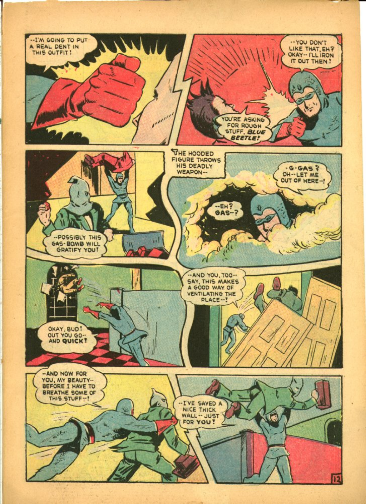 Blue Beetle (Fox / Dan Garrett), page 61. Blue Beetle (Dan Garrett). Public domain in the United States for Fox/Holyoke-era issues. Not Charlton or DC. Internet Archive folkscanomy scans used when Comic Book Plus returns 403.
