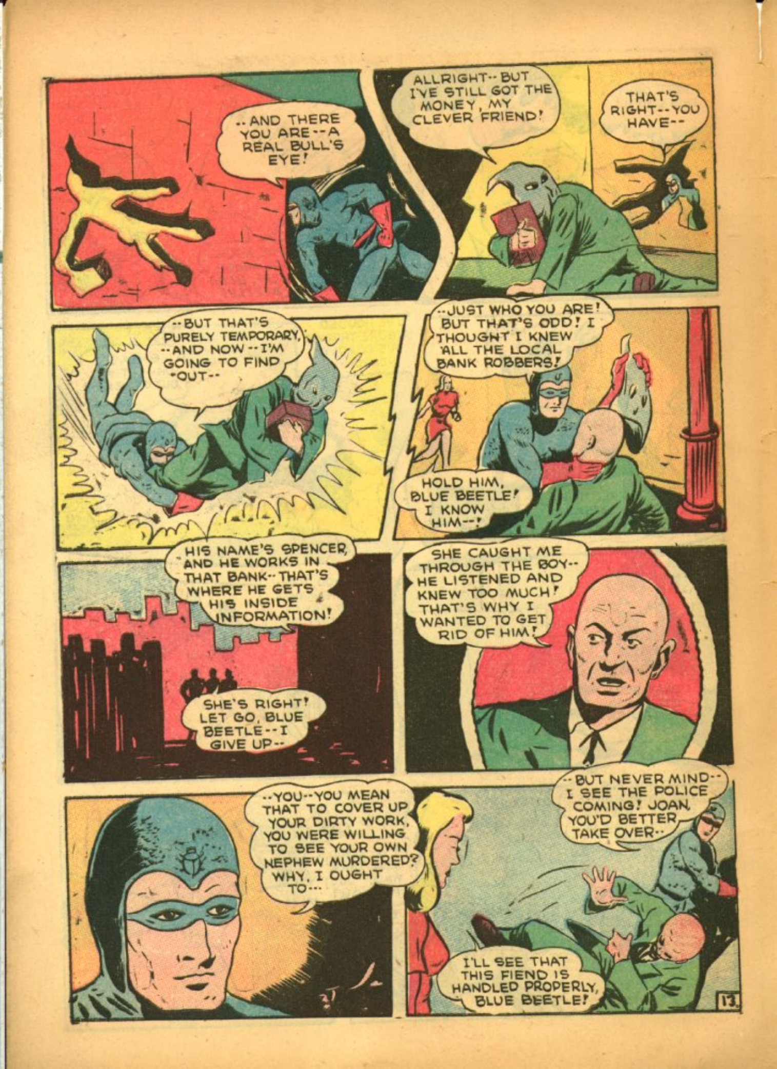 Blue Beetle (Fox / Dan Garrett), page 62. Blue Beetle (Dan Garrett). Public domain in the United States for Fox/Holyoke-era issues. Not Charlton or DC. Internet Archive folkscanomy scans used when Comic Book Plus returns 403.