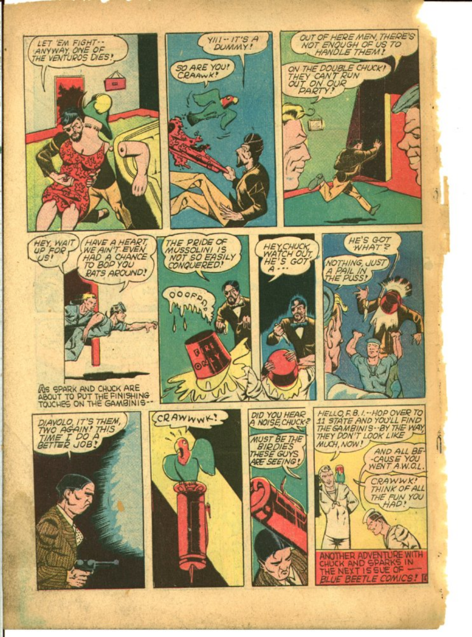 Blue Beetle (Fox / Dan Garrett), page 68. Blue Beetle (Dan Garrett). Public domain in the United States for Fox/Holyoke-era issues. Not Charlton or DC. Internet Archive folkscanomy scans used when Comic Book Plus returns 403.