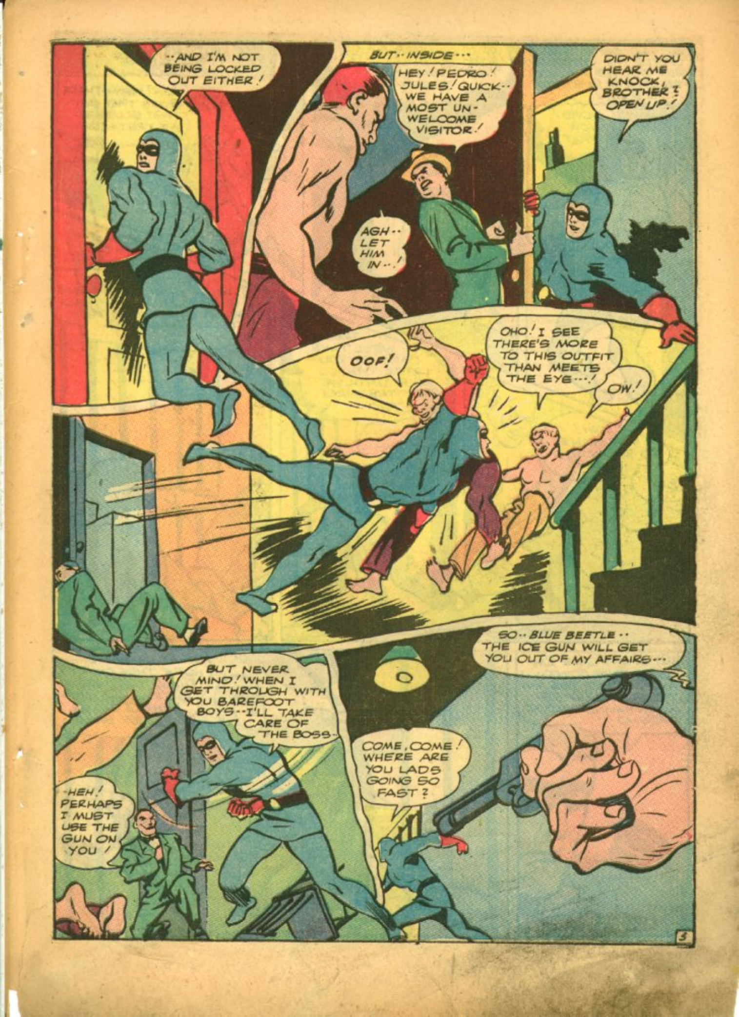 Blue Beetle (Fox / Dan Garrett), page 8. Blue Beetle (Dan Garrett). Public domain in the United States for Fox/Holyoke-era issues. Not Charlton or DC. Internet Archive folkscanomy scans used when Comic Book Plus returns 403.
