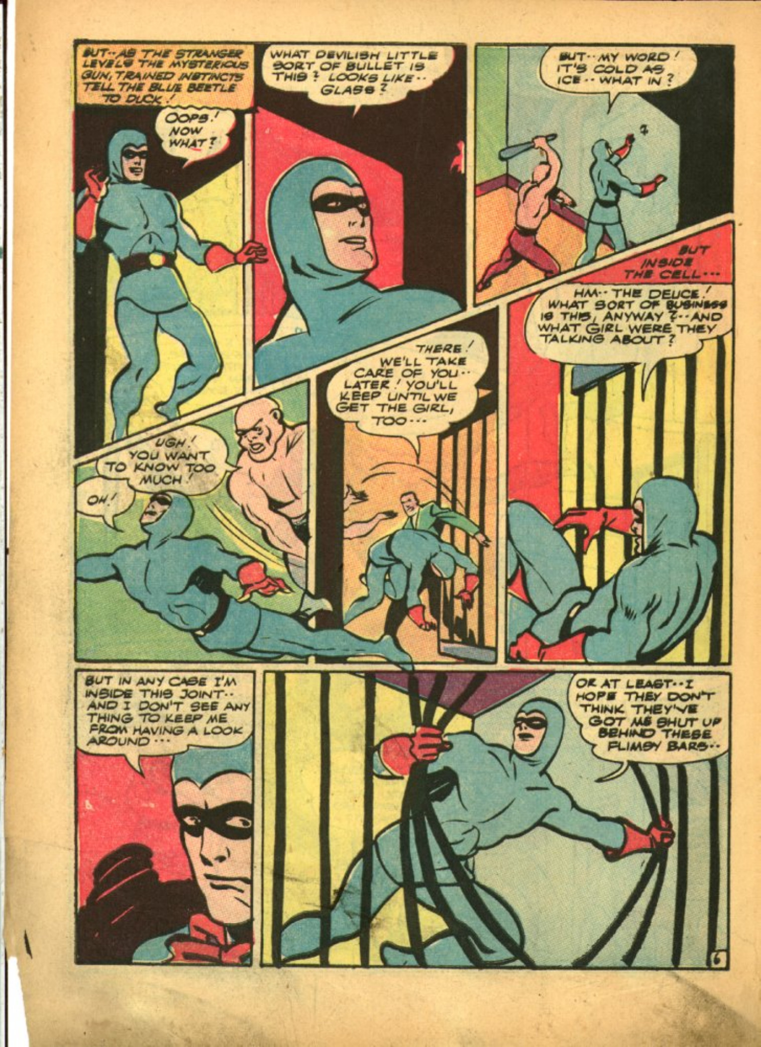 Blue Beetle (Fox / Dan Garrett), page 9. Blue Beetle (Dan Garrett). Public domain in the United States for Fox/Holyoke-era issues. Not Charlton or DC. Internet Archive folkscanomy scans used when Comic Book Plus returns 403.