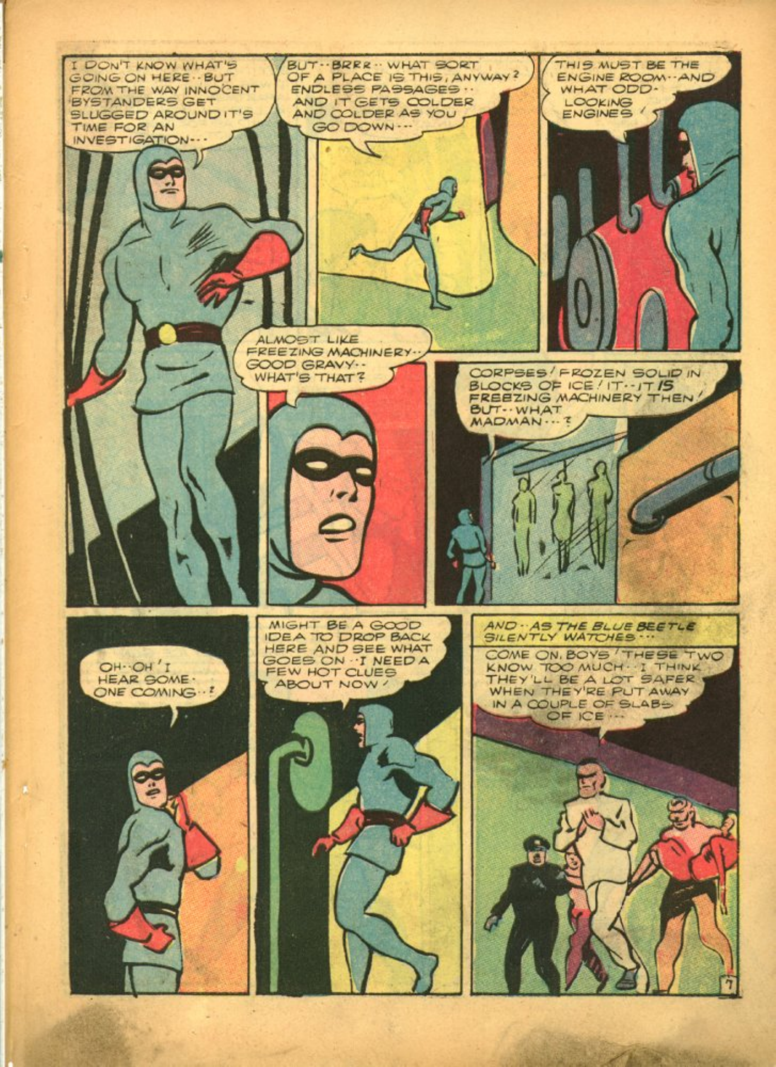 Blue Beetle (Fox / Dan Garrett), page 10. Blue Beetle (Dan Garrett). Public domain in the United States for Fox/Holyoke-era issues. Not Charlton or DC. Internet Archive folkscanomy scans used when Comic Book Plus returns 403.