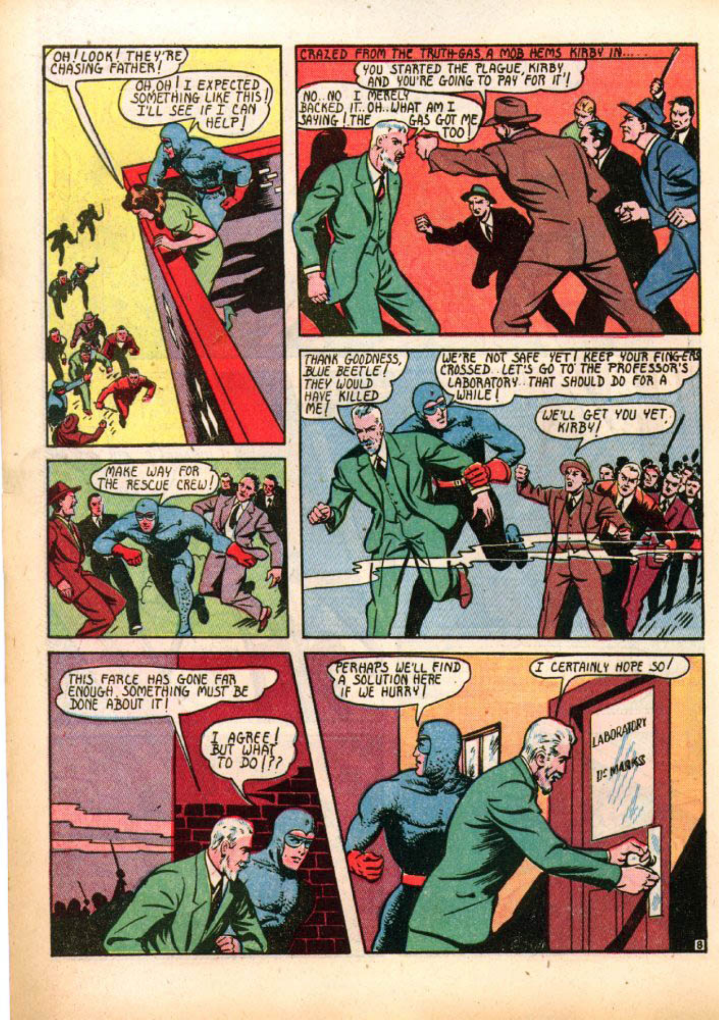 Blue Beetle (Fox / Dan Garrett), page 11. Blue Beetle (Dan Garrett). Public domain in the United States for Fox/Holyoke-era issues. Not Charlton or DC. Internet Archive folkscanomy scans used when Comic Book Plus returns 403.