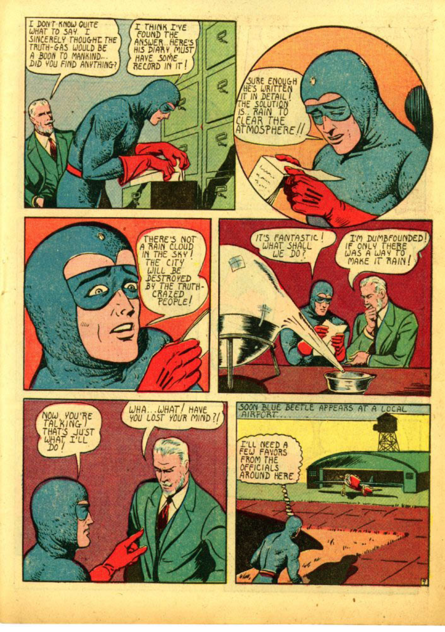 Blue Beetle (Fox / Dan Garrett), page 12. Blue Beetle (Dan Garrett). Public domain in the United States for Fox/Holyoke-era issues. Not Charlton or DC. Internet Archive folkscanomy scans used when Comic Book Plus returns 403.