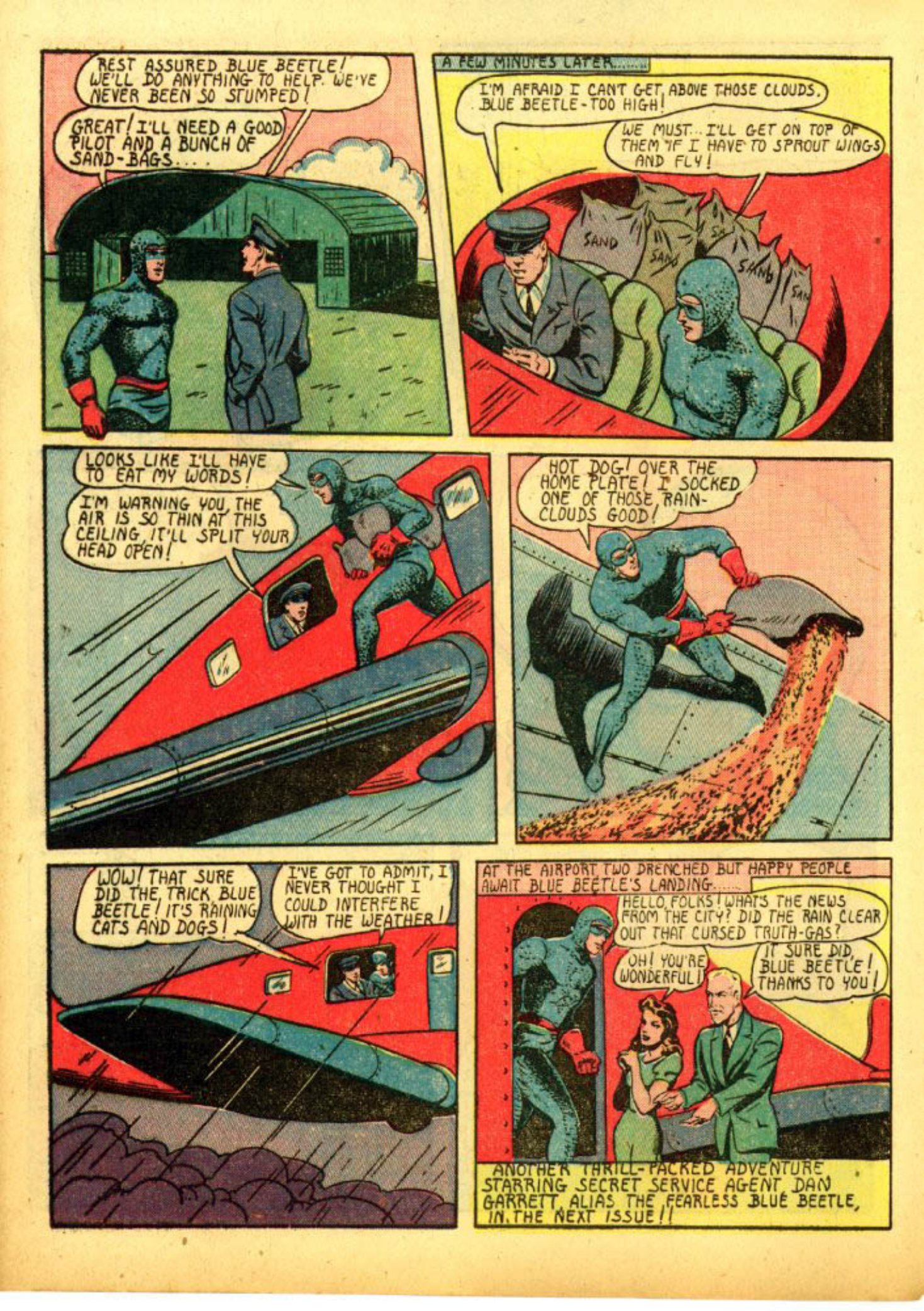 Blue Beetle (Fox / Dan Garrett), page 13. Blue Beetle (Dan Garrett). Public domain in the United States for Fox/Holyoke-era issues. Not Charlton or DC. Internet Archive folkscanomy scans used when Comic Book Plus returns 403.