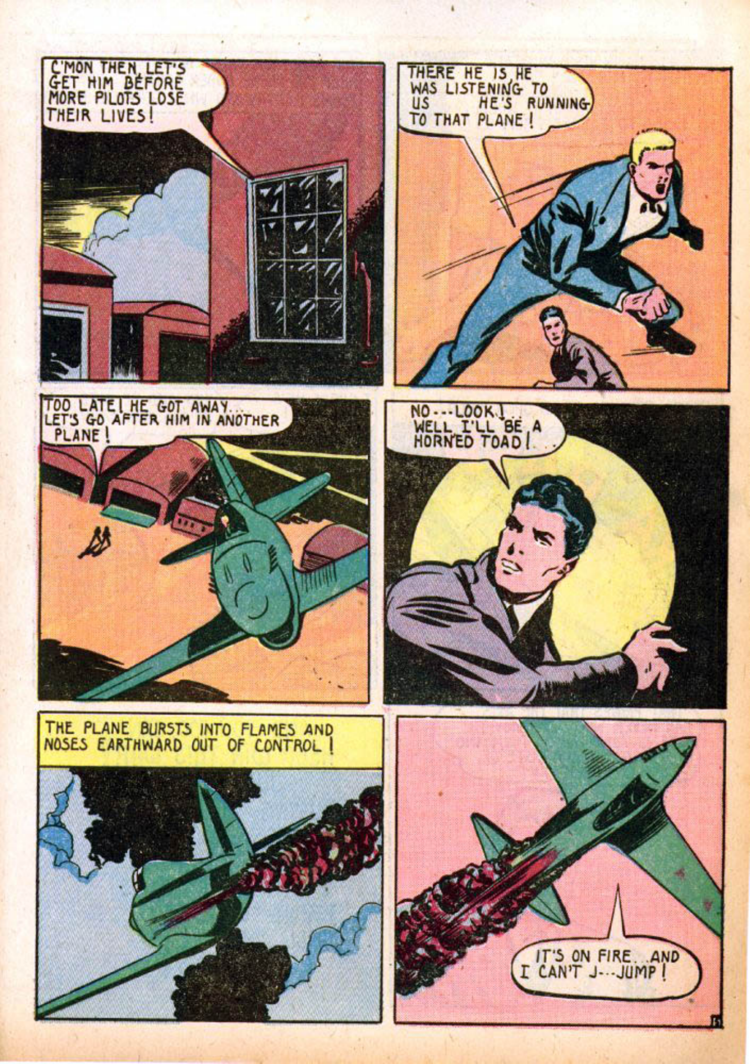 Blue Beetle (Fox / Dan Garrett), page 18. Blue Beetle (Dan Garrett). Public domain in the United States for Fox/Holyoke-era issues. Not Charlton or DC. Internet Archive folkscanomy scans used when Comic Book Plus returns 403.