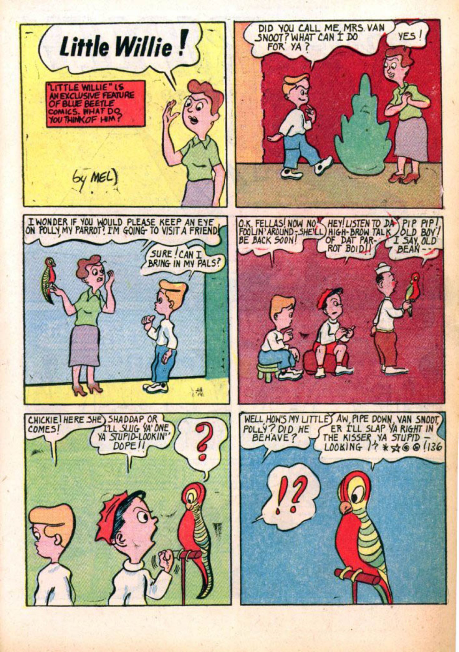 Blue Beetle (Fox / Dan Garrett), page 20. Blue Beetle (Dan Garrett). Public domain in the United States for Fox/Holyoke-era issues. Not Charlton or DC. Internet Archive folkscanomy scans used when Comic Book Plus returns 403.