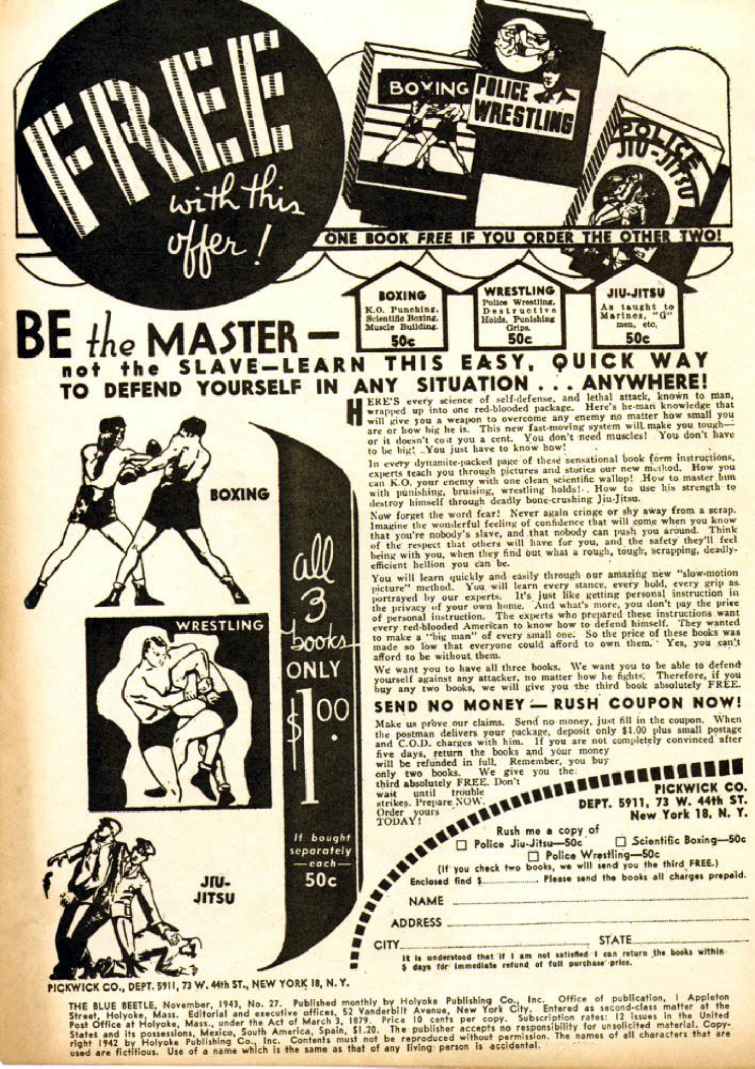 Blue Beetle (Fox / Dan Garrett), page 3. Blue Beetle (Dan Garrett). Public domain in the United States for Fox/Holyoke-era issues. Not Charlton or DC. Internet Archive folkscanomy scans used when Comic Book Plus returns 403.