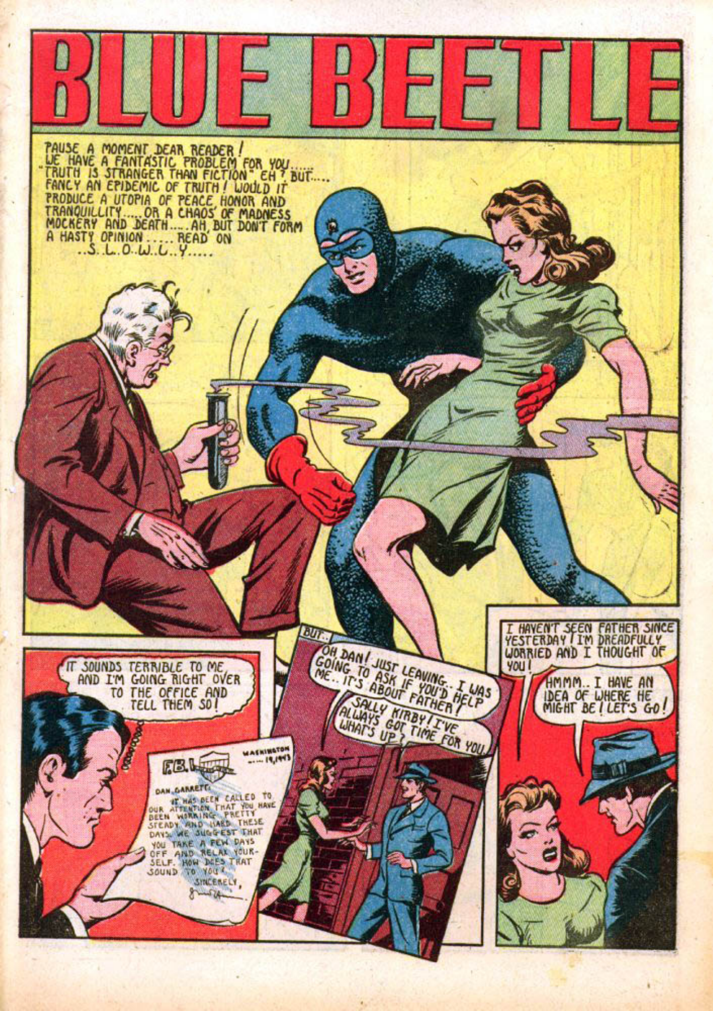Blue Beetle (Fox / Dan Garrett), page 4. Blue Beetle (Dan Garrett). Public domain in the United States for Fox/Holyoke-era issues. Not Charlton or DC. Internet Archive folkscanomy scans used when Comic Book Plus returns 403.