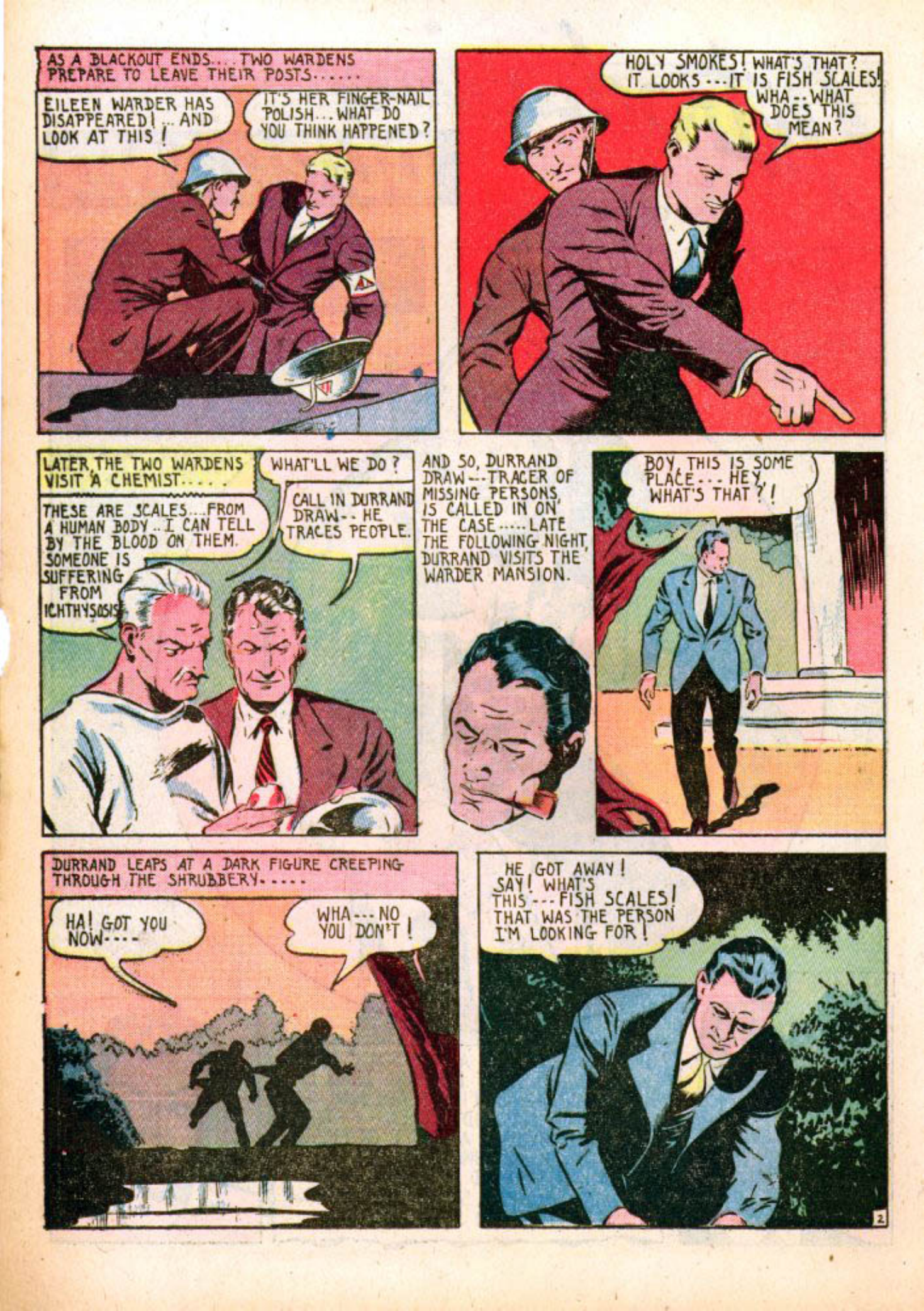 Blue Beetle (Fox / Dan Garrett), page 45. Blue Beetle (Dan Garrett). Public domain in the United States for Fox/Holyoke-era issues. Not Charlton or DC. Internet Archive folkscanomy scans used when Comic Book Plus returns 403.