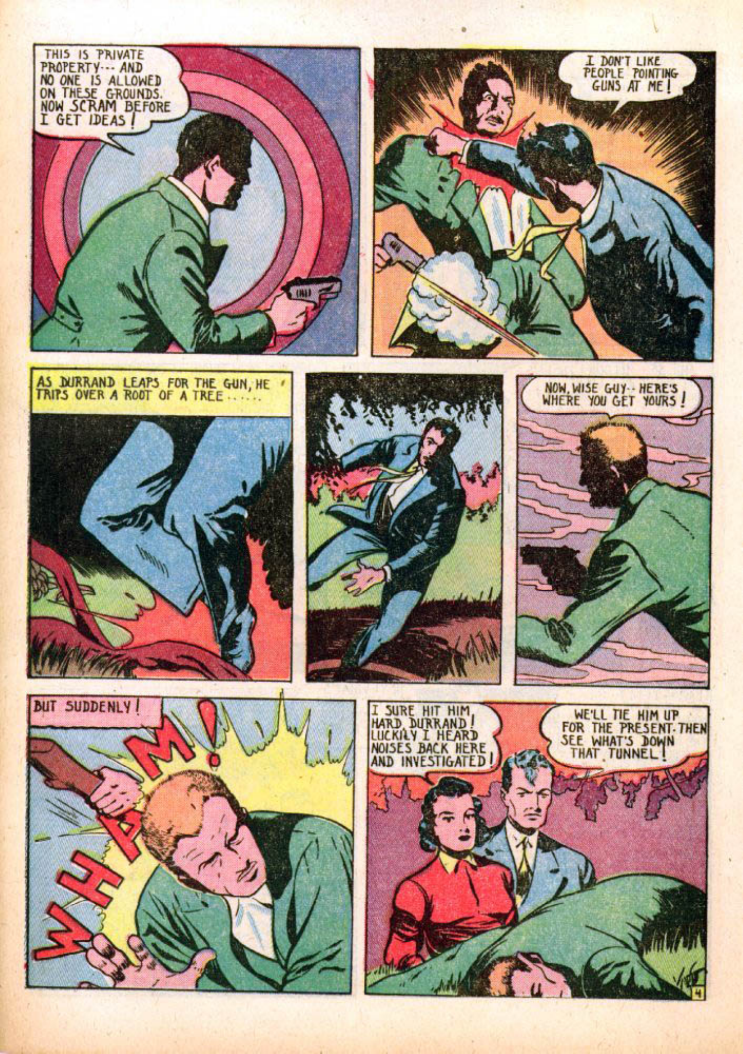 Blue Beetle (Fox / Dan Garrett), page 47. Blue Beetle (Dan Garrett). Public domain in the United States for Fox/Holyoke-era issues. Not Charlton or DC. Internet Archive folkscanomy scans used when Comic Book Plus returns 403.