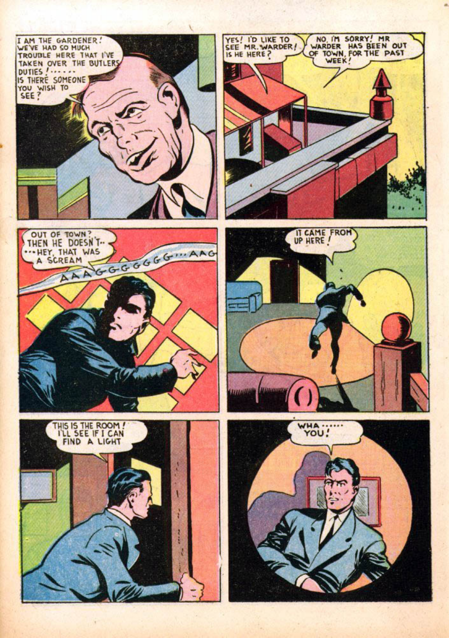 Blue Beetle (Fox / Dan Garrett), page 49. Blue Beetle (Dan Garrett). Public domain in the United States for Fox/Holyoke-era issues. Not Charlton or DC. Internet Archive folkscanomy scans used when Comic Book Plus returns 403.
