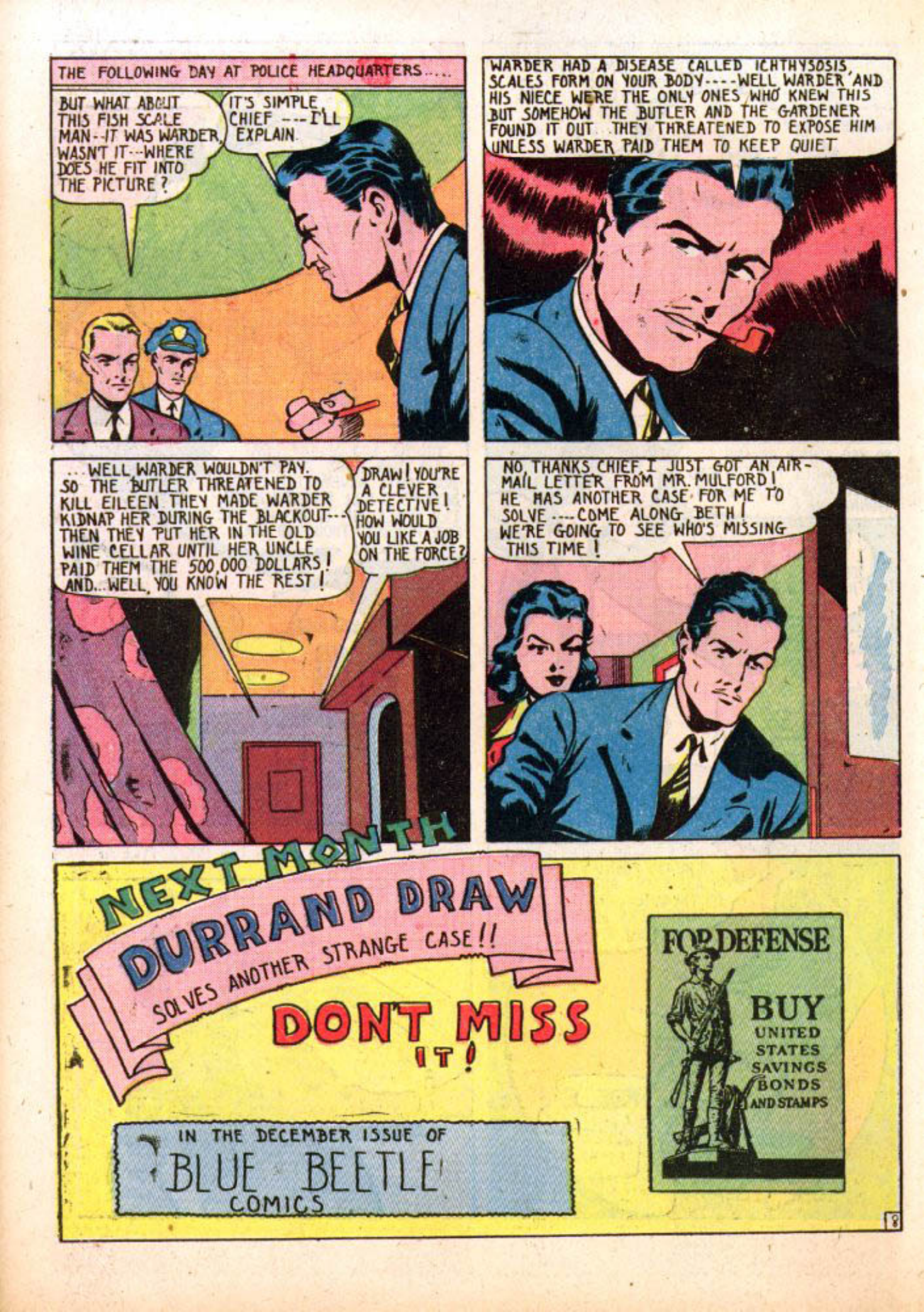 Blue Beetle (Fox / Dan Garrett), page 51. Blue Beetle (Dan Garrett). Public domain in the United States for Fox/Holyoke-era issues. Not Charlton or DC. Internet Archive folkscanomy scans used when Comic Book Plus returns 403.