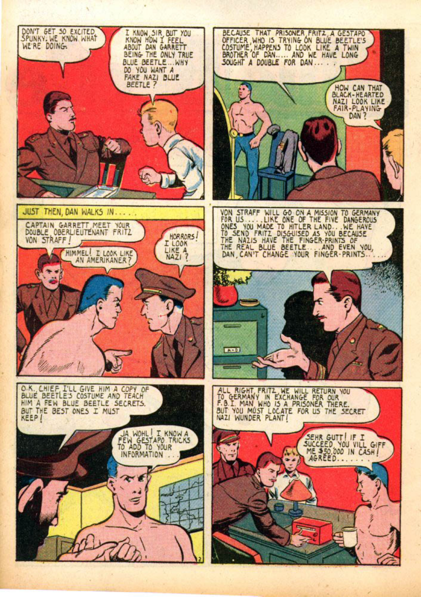 Blue Beetle (Fox / Dan Garrett), page 59. Blue Beetle (Dan Garrett). Public domain in the United States for Fox/Holyoke-era issues. Not Charlton or DC. Internet Archive folkscanomy scans used when Comic Book Plus returns 403.