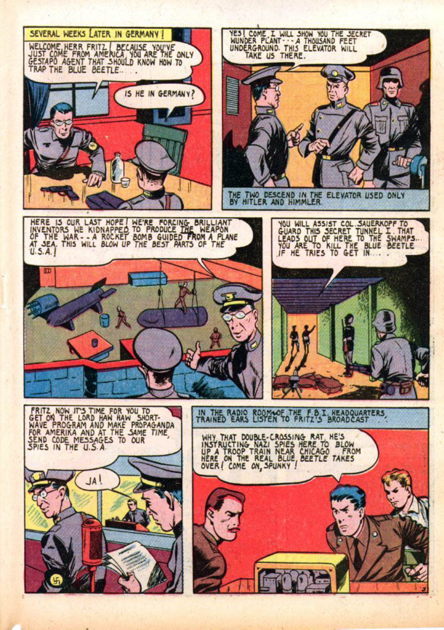 Blue Beetle (Fox / Dan Garrett), page 60. Blue Beetle (Dan Garrett). Public domain in the United States for Fox/Holyoke-era issues. Not Charlton or DC. Internet Archive folkscanomy scans used when Comic Book Plus returns 403.