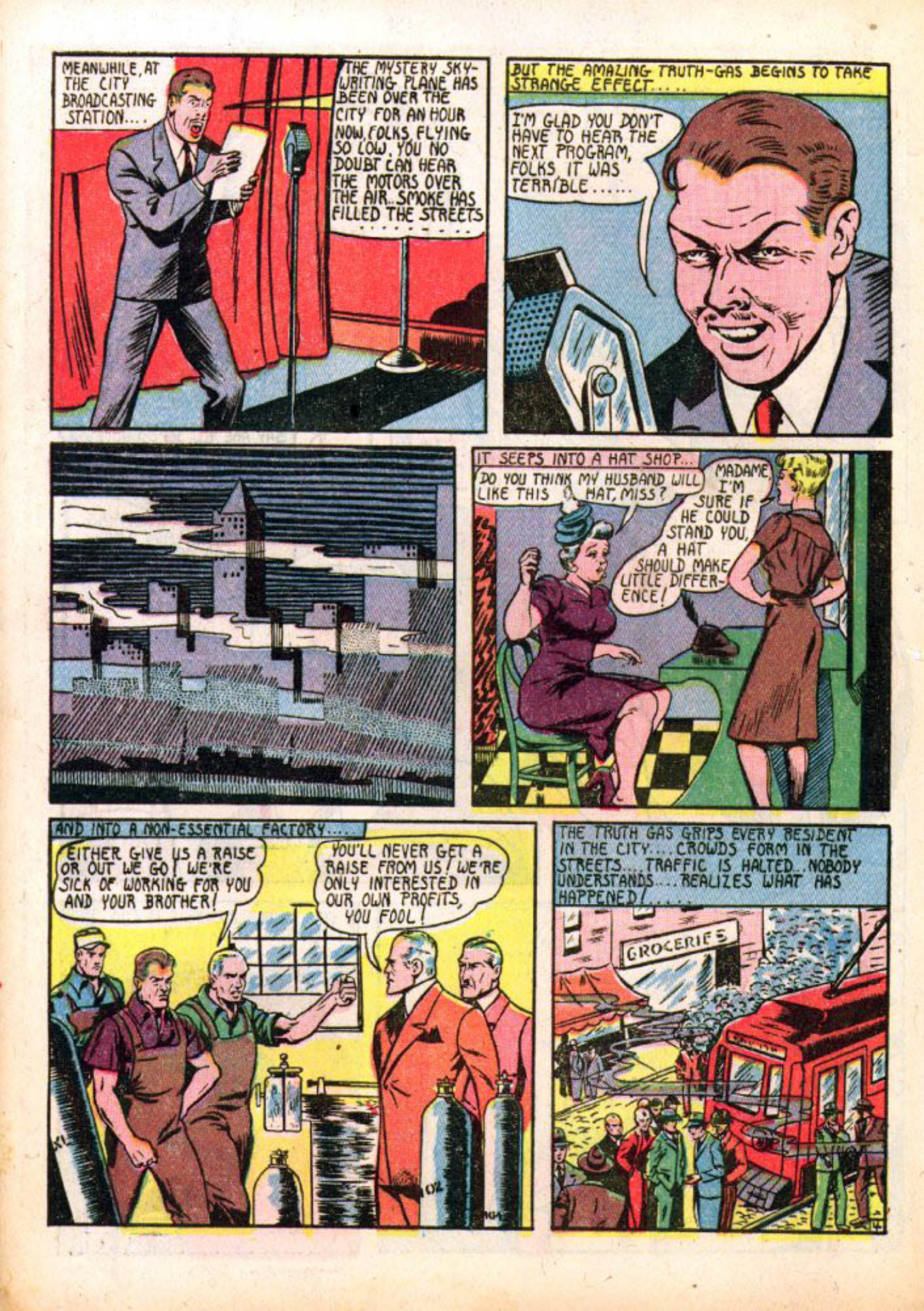 Blue Beetle (Fox / Dan Garrett), page 7. Blue Beetle (Dan Garrett). Public domain in the United States for Fox/Holyoke-era issues. Not Charlton or DC. Internet Archive folkscanomy scans used when Comic Book Plus returns 403.