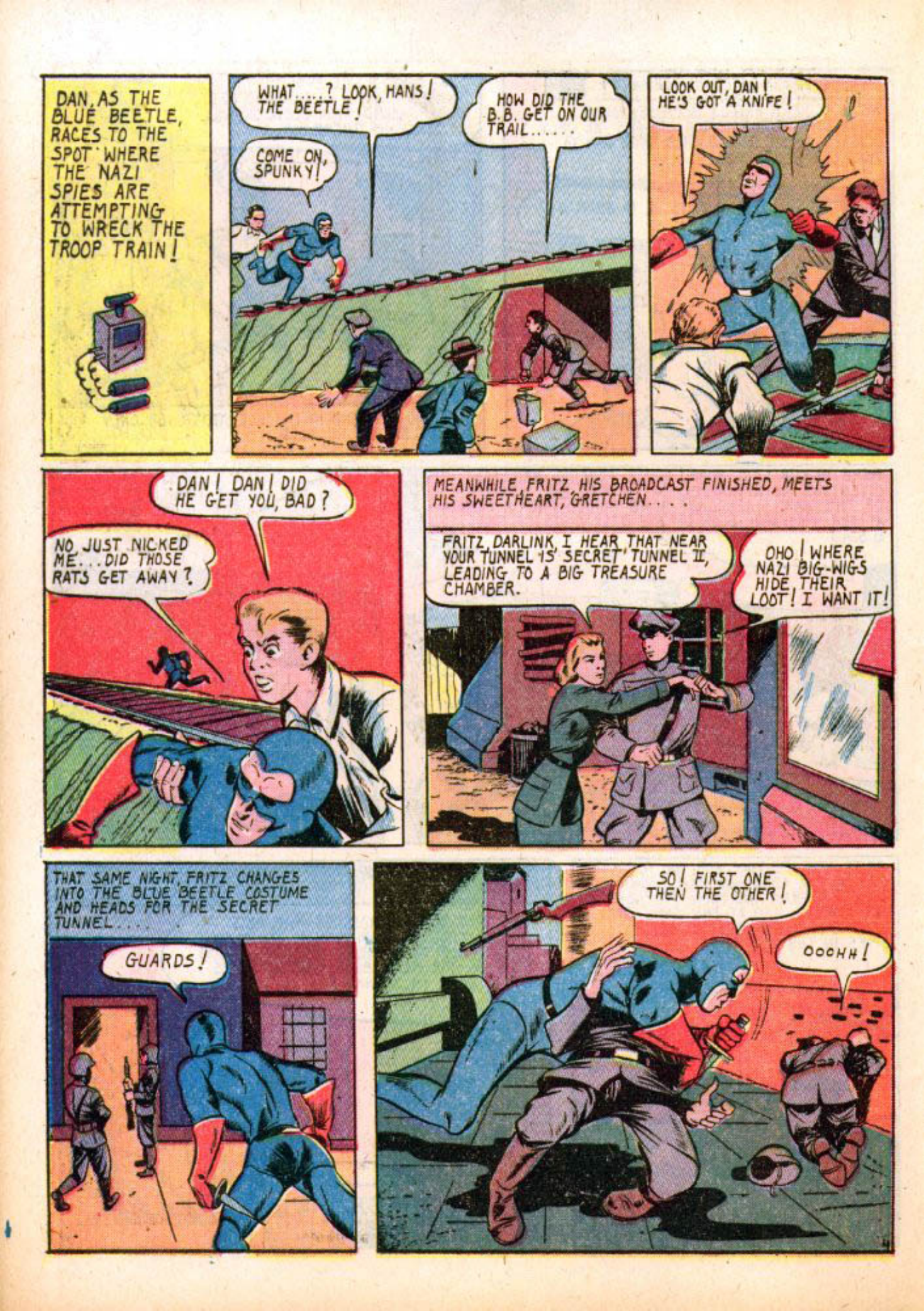 Blue Beetle (Fox / Dan Garrett), page 61. Blue Beetle (Dan Garrett). Public domain in the United States for Fox/Holyoke-era issues. Not Charlton or DC. Internet Archive folkscanomy scans used when Comic Book Plus returns 403.