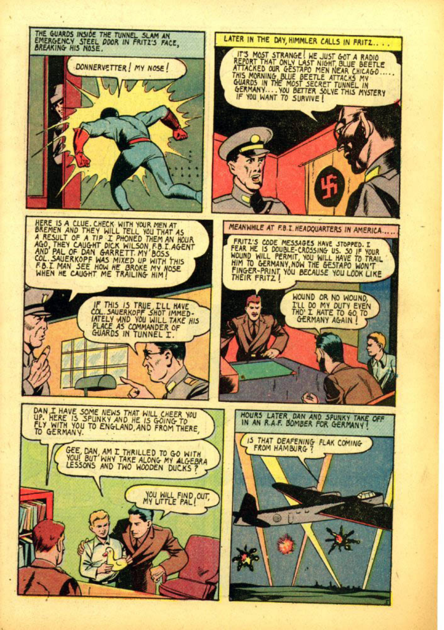 Blue Beetle (Fox / Dan Garrett), page 62. Blue Beetle (Dan Garrett). Public domain in the United States for Fox/Holyoke-era issues. Not Charlton or DC. Internet Archive folkscanomy scans used when Comic Book Plus returns 403.