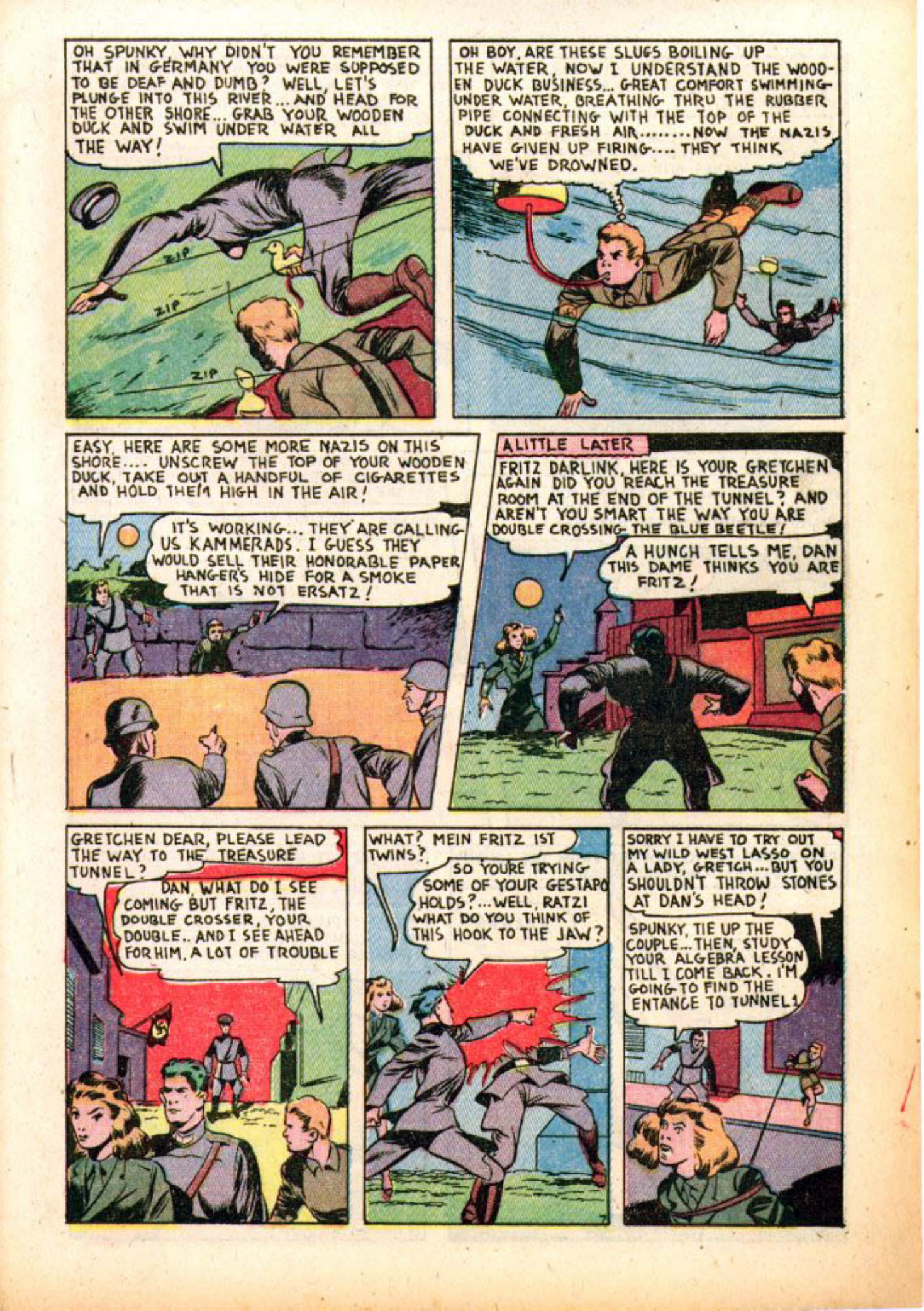 Blue Beetle (Fox / Dan Garrett), page 64. Blue Beetle (Dan Garrett). Public domain in the United States for Fox/Holyoke-era issues. Not Charlton or DC. Internet Archive folkscanomy scans used when Comic Book Plus returns 403.