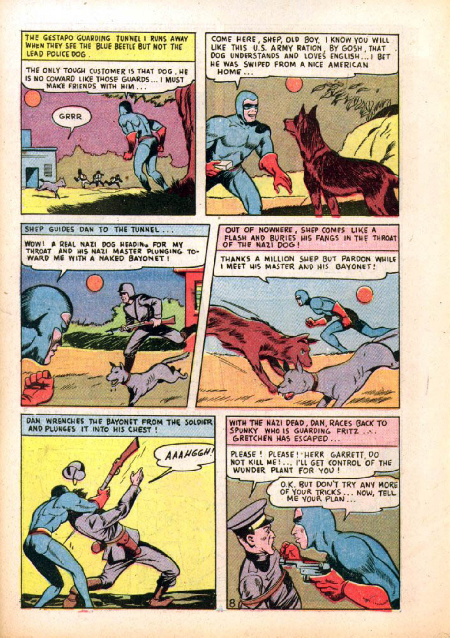 Blue Beetle (Fox / Dan Garrett), page 65. Blue Beetle (Dan Garrett). Public domain in the United States for Fox/Holyoke-era issues. Not Charlton or DC. Internet Archive folkscanomy scans used when Comic Book Plus returns 403.