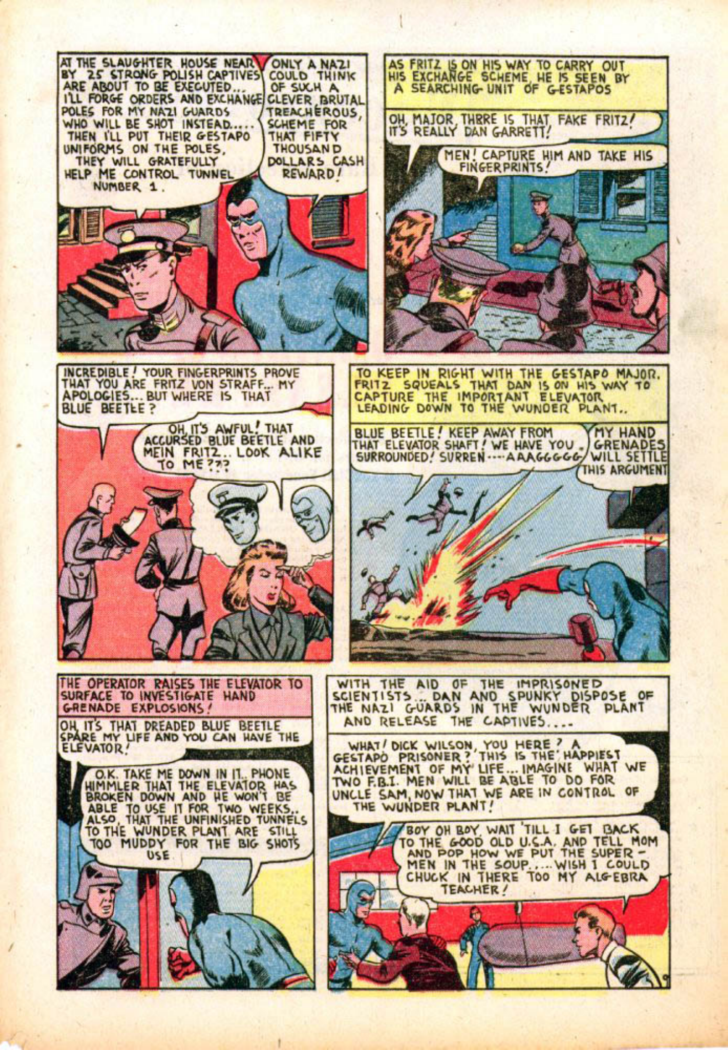 Blue Beetle (Fox / Dan Garrett), page 66. Blue Beetle (Dan Garrett). Public domain in the United States for Fox/Holyoke-era issues. Not Charlton or DC. Internet Archive folkscanomy scans used when Comic Book Plus returns 403.