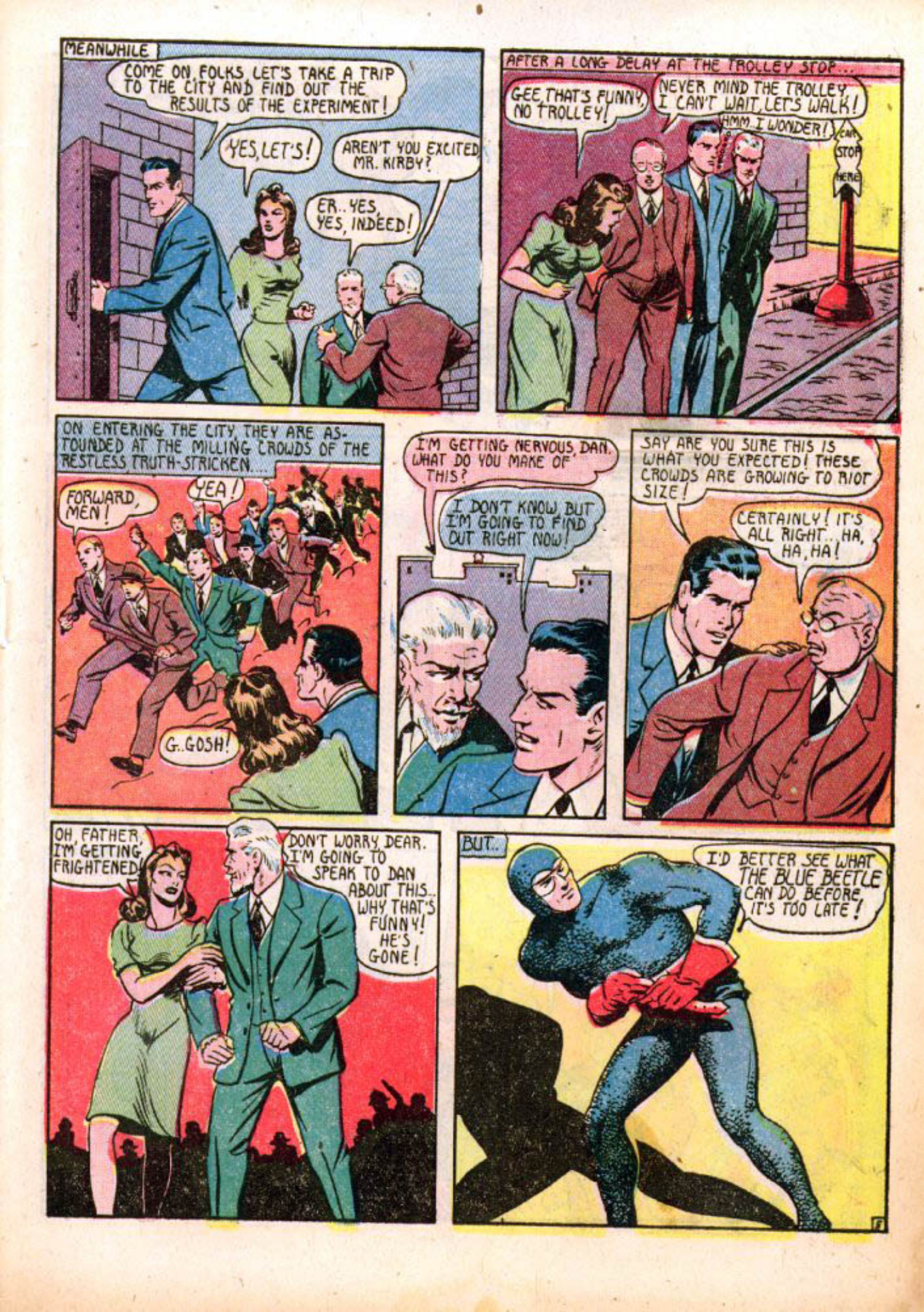 Blue Beetle (Fox / Dan Garrett), page 8. Blue Beetle (Dan Garrett). Public domain in the United States for Fox/Holyoke-era issues. Not Charlton or DC. Internet Archive folkscanomy scans used when Comic Book Plus returns 403.