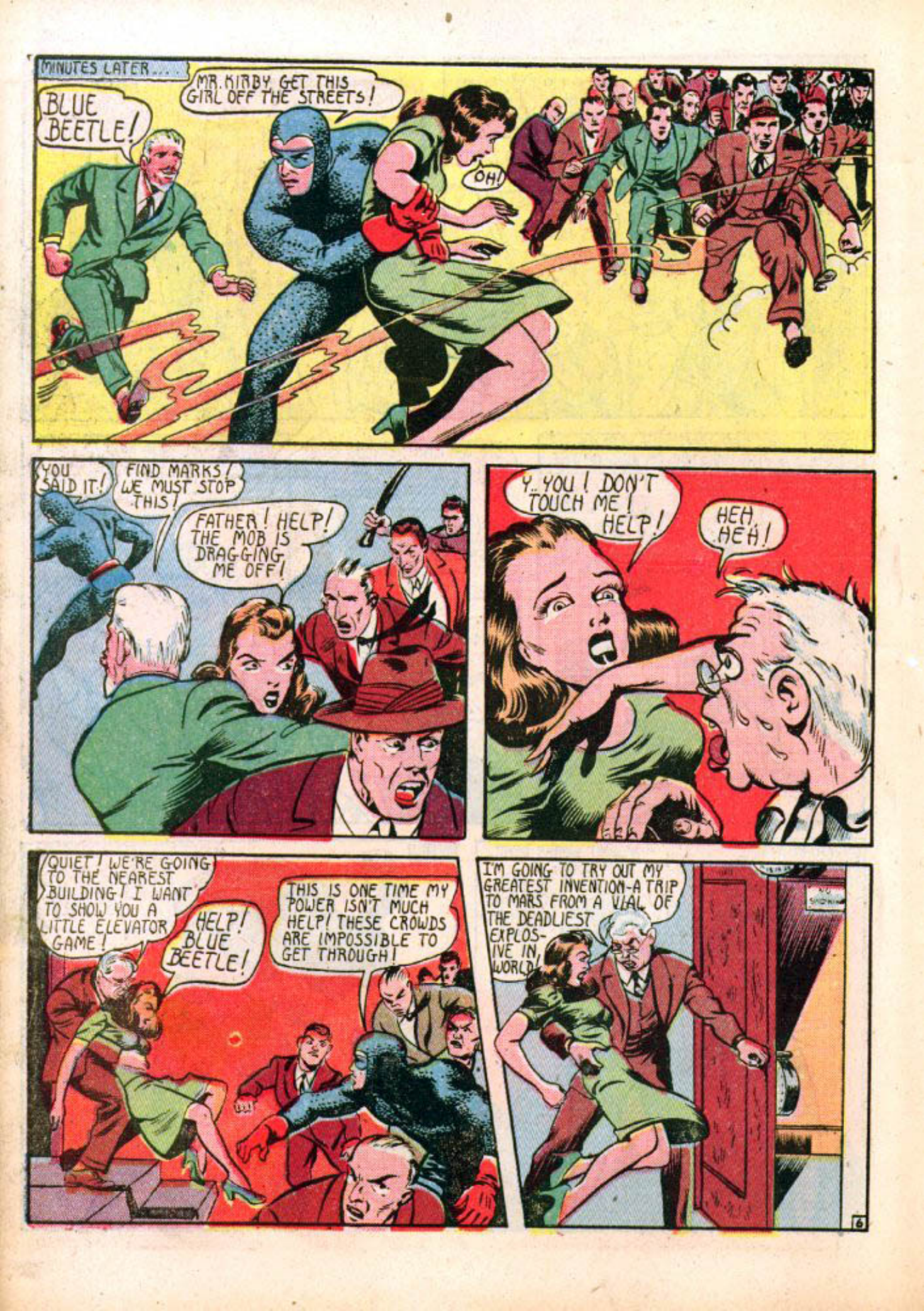 Blue Beetle (Fox / Dan Garrett), page 9. Blue Beetle (Dan Garrett). Public domain in the United States for Fox/Holyoke-era issues. Not Charlton or DC. Internet Archive folkscanomy scans used when Comic Book Plus returns 403.
