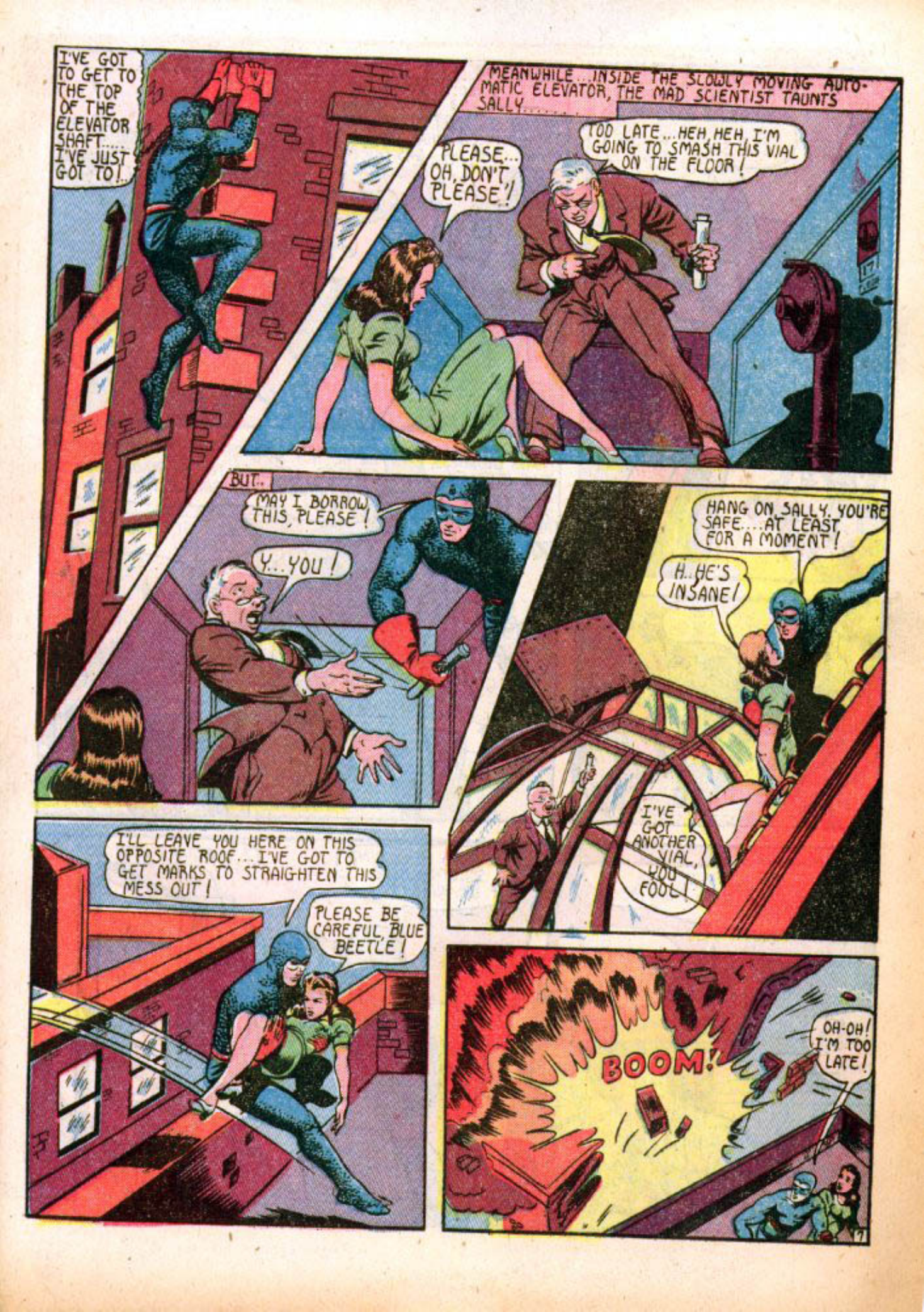 Blue Beetle (Fox / Dan Garrett), page 10. Blue Beetle (Dan Garrett). Public domain in the United States for Fox/Holyoke-era issues. Not Charlton or DC. Internet Archive folkscanomy scans used when Comic Book Plus returns 403.