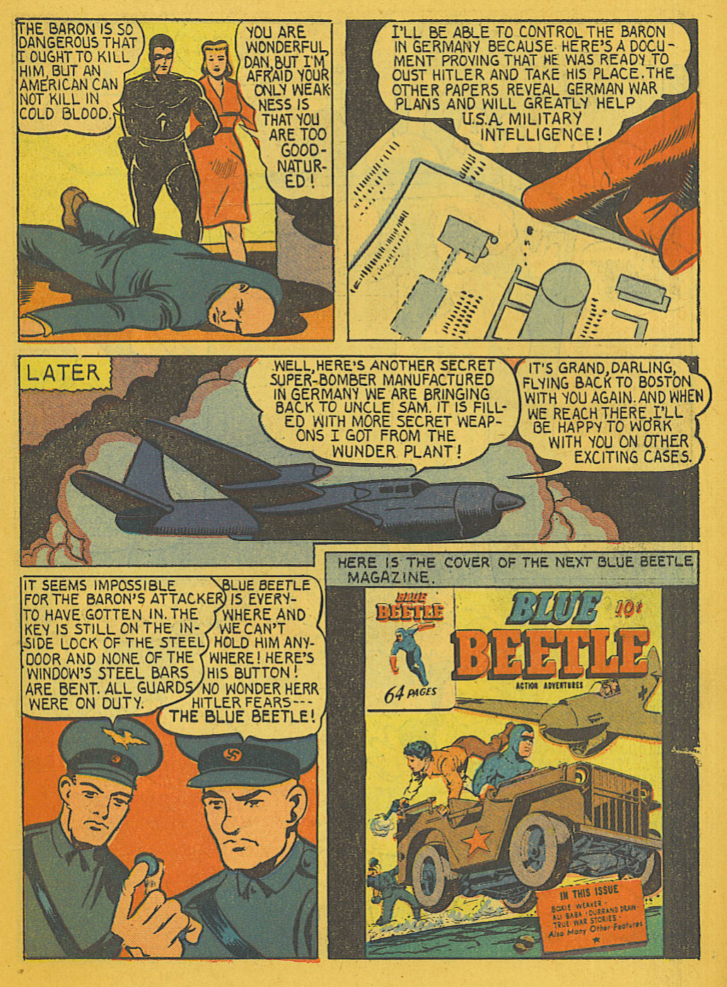Blue Beetle (Fox / Dan Garrett), page 11. Blue Beetle (Dan Garrett). Public domain in the United States for Fox/Holyoke-era issues. Not Charlton or DC. Internet Archive folkscanomy scans used when Comic Book Plus returns 403.