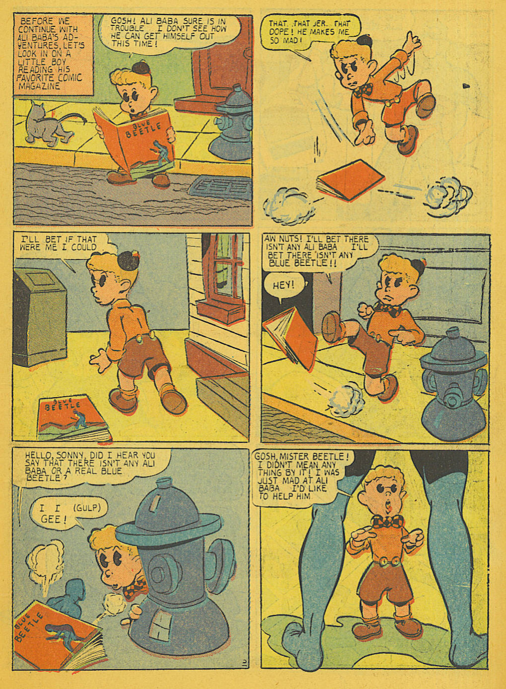 Blue Beetle (Fox / Dan Garrett), page 13. Blue Beetle (Dan Garrett). Public domain in the United States for Fox/Holyoke-era issues. Not Charlton or DC. Internet Archive folkscanomy scans used when Comic Book Plus returns 403.