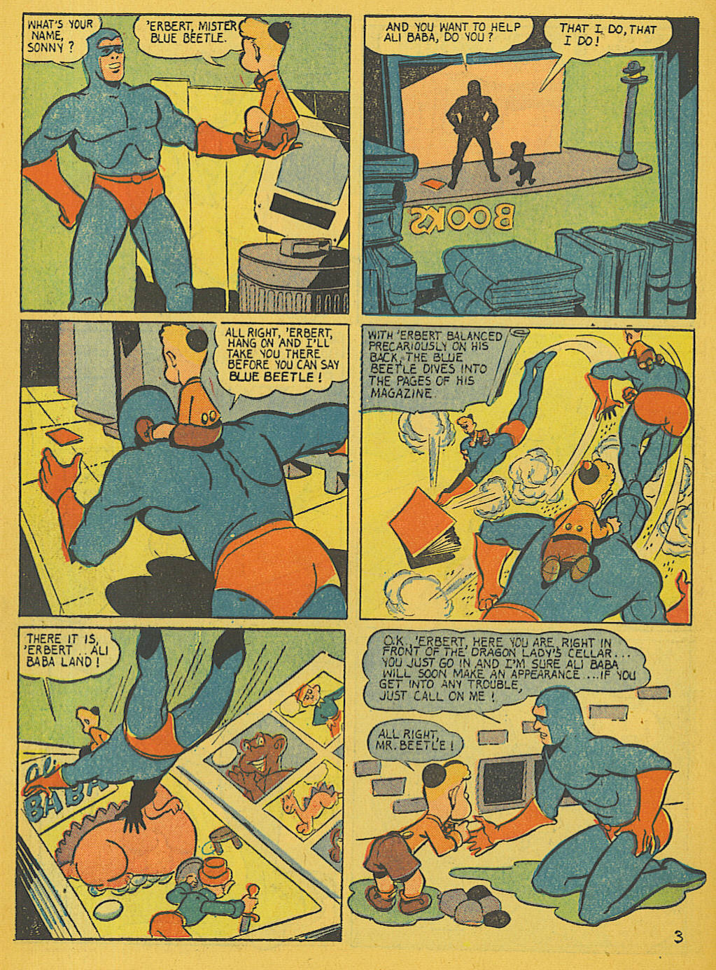 Blue Beetle (Fox / Dan Garrett), page 14. Blue Beetle (Dan Garrett). Public domain in the United States for Fox/Holyoke-era issues. Not Charlton or DC. Internet Archive folkscanomy scans used when Comic Book Plus returns 403.