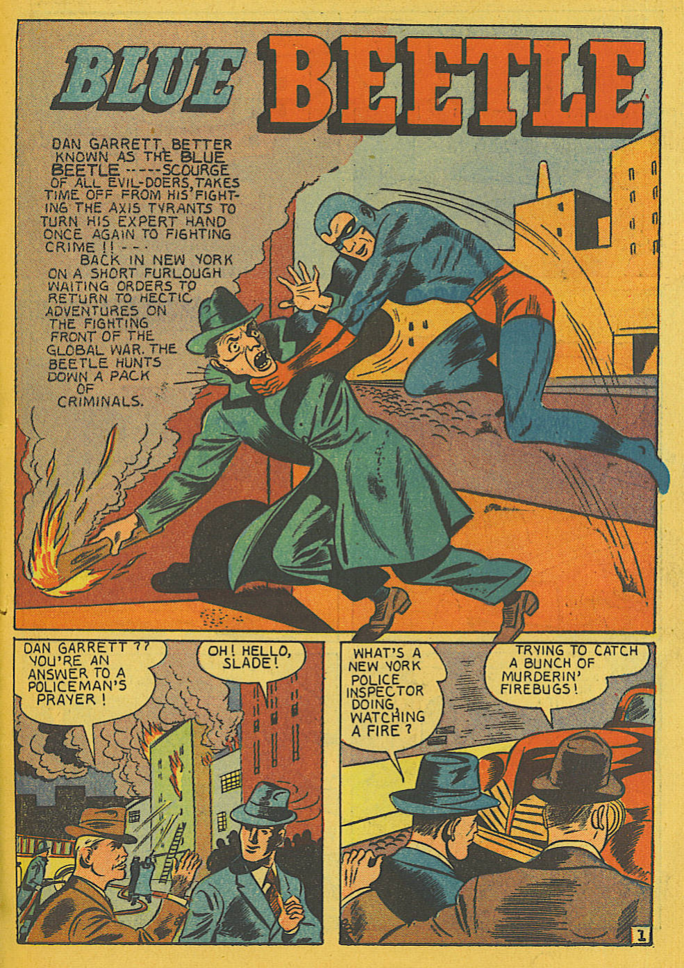 Blue Beetle (Fox / Dan Garrett), page 18. Blue Beetle (Dan Garrett). Public domain in the United States for Fox/Holyoke-era issues. Not Charlton or DC. Internet Archive folkscanomy scans used when Comic Book Plus returns 403.