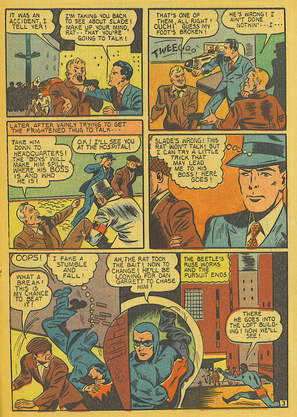 Blue Beetle (Fox / Dan Garrett), page 20. Blue Beetle (Dan Garrett). Public domain in the United States for Fox/Holyoke-era issues. Not Charlton or DC. Internet Archive folkscanomy scans used when Comic Book Plus returns 403.