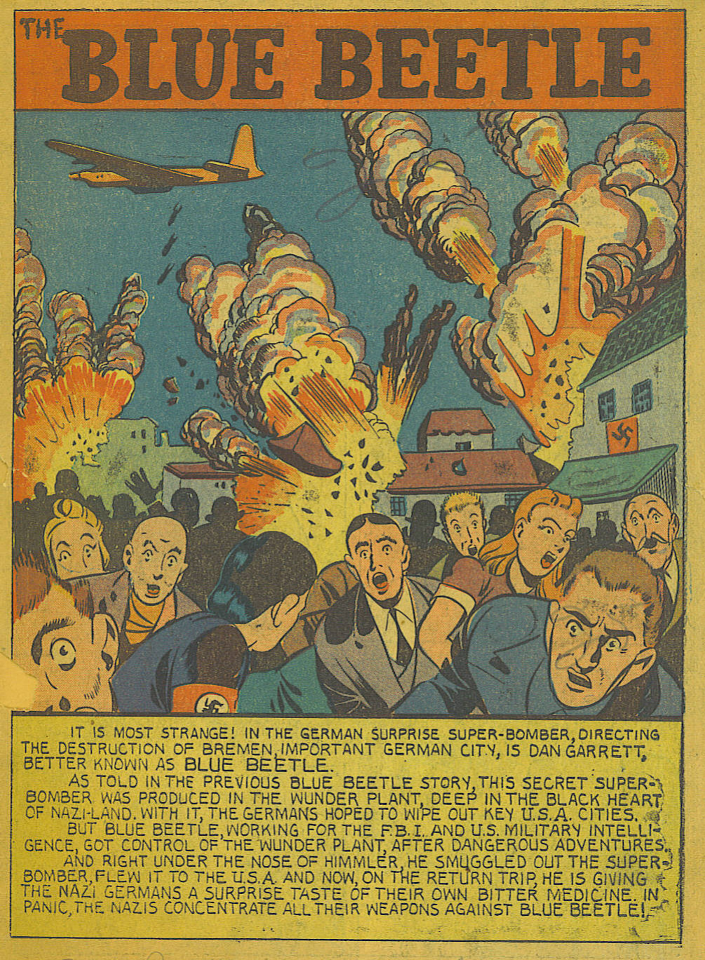 Blue Beetle (Fox / Dan Garrett), page 3. Blue Beetle (Dan Garrett). Public domain in the United States for Fox/Holyoke-era issues. Not Charlton or DC. Internet Archive folkscanomy scans used when Comic Book Plus returns 403.