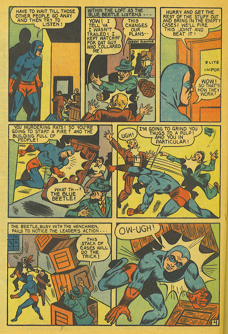 Blue Beetle (Fox / Dan Garrett), page 21. Blue Beetle (Dan Garrett). Public domain in the United States for Fox/Holyoke-era issues. Not Charlton or DC. Internet Archive folkscanomy scans used when Comic Book Plus returns 403.
