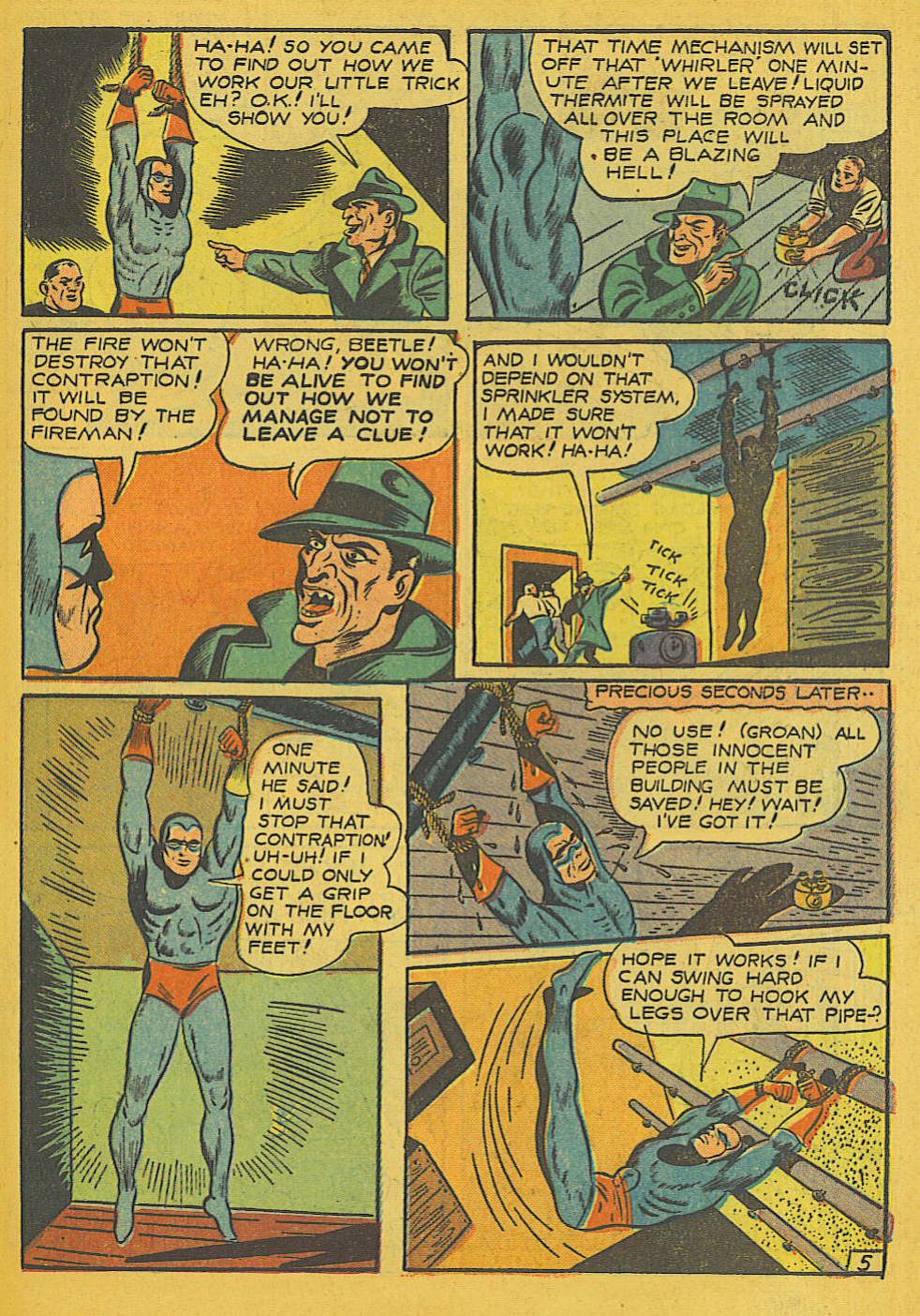 Blue Beetle (Fox / Dan Garrett), page 22. Blue Beetle (Dan Garrett). Public domain in the United States for Fox/Holyoke-era issues. Not Charlton or DC. Internet Archive folkscanomy scans used when Comic Book Plus returns 403.