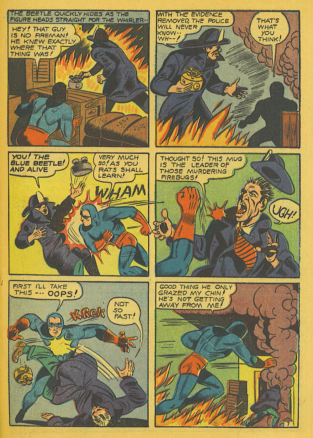 Blue Beetle (Fox / Dan Garrett), page 24. Blue Beetle (Dan Garrett). Public domain in the United States for Fox/Holyoke-era issues. Not Charlton or DC. Internet Archive folkscanomy scans used when Comic Book Plus returns 403.