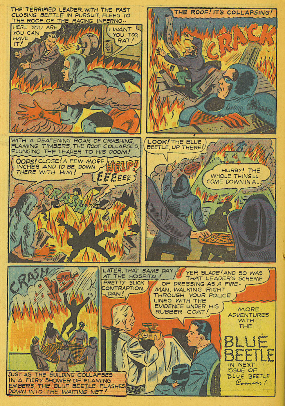 Blue Beetle (Fox / Dan Garrett), page 25. Blue Beetle (Dan Garrett). Public domain in the United States for Fox/Holyoke-era issues. Not Charlton or DC. Internet Archive folkscanomy scans used when Comic Book Plus returns 403.