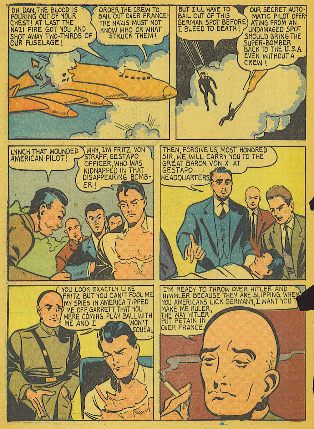 Blue Beetle (Fox / Dan Garrett), page 4. Blue Beetle (Dan Garrett). Public domain in the United States for Fox/Holyoke-era issues. Not Charlton or DC. Internet Archive folkscanomy scans used when Comic Book Plus returns 403.