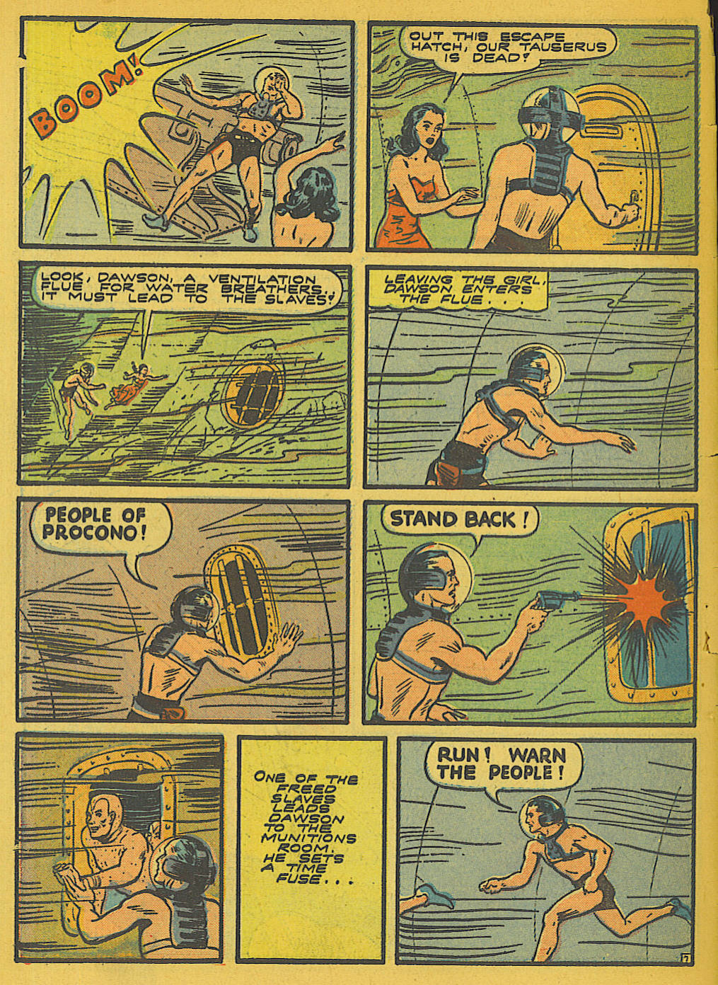 Blue Beetle (Fox / Dan Garrett), page 32. Blue Beetle (Dan Garrett). Public domain in the United States for Fox/Holyoke-era issues. Not Charlton or DC. Internet Archive folkscanomy scans used when Comic Book Plus returns 403.