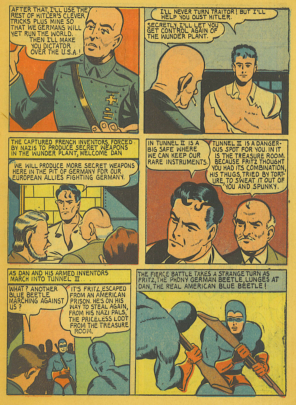 Blue Beetle (Fox / Dan Garrett), page 5. Blue Beetle (Dan Garrett). Public domain in the United States for Fox/Holyoke-era issues. Not Charlton or DC. Internet Archive folkscanomy scans used when Comic Book Plus returns 403.