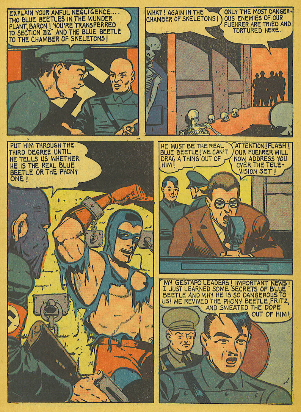 Blue Beetle (Fox / Dan Garrett), page 6. Blue Beetle (Dan Garrett). Public domain in the United States for Fox/Holyoke-era issues. Not Charlton or DC. Internet Archive folkscanomy scans used when Comic Book Plus returns 403.