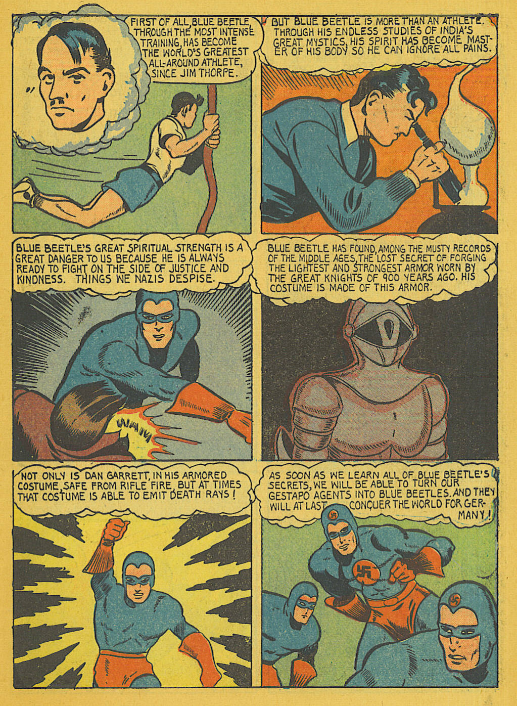 Blue Beetle (Fox / Dan Garrett), page 7. Blue Beetle (Dan Garrett). Public domain in the United States for Fox/Holyoke-era issues. Not Charlton or DC. Internet Archive folkscanomy scans used when Comic Book Plus returns 403.
