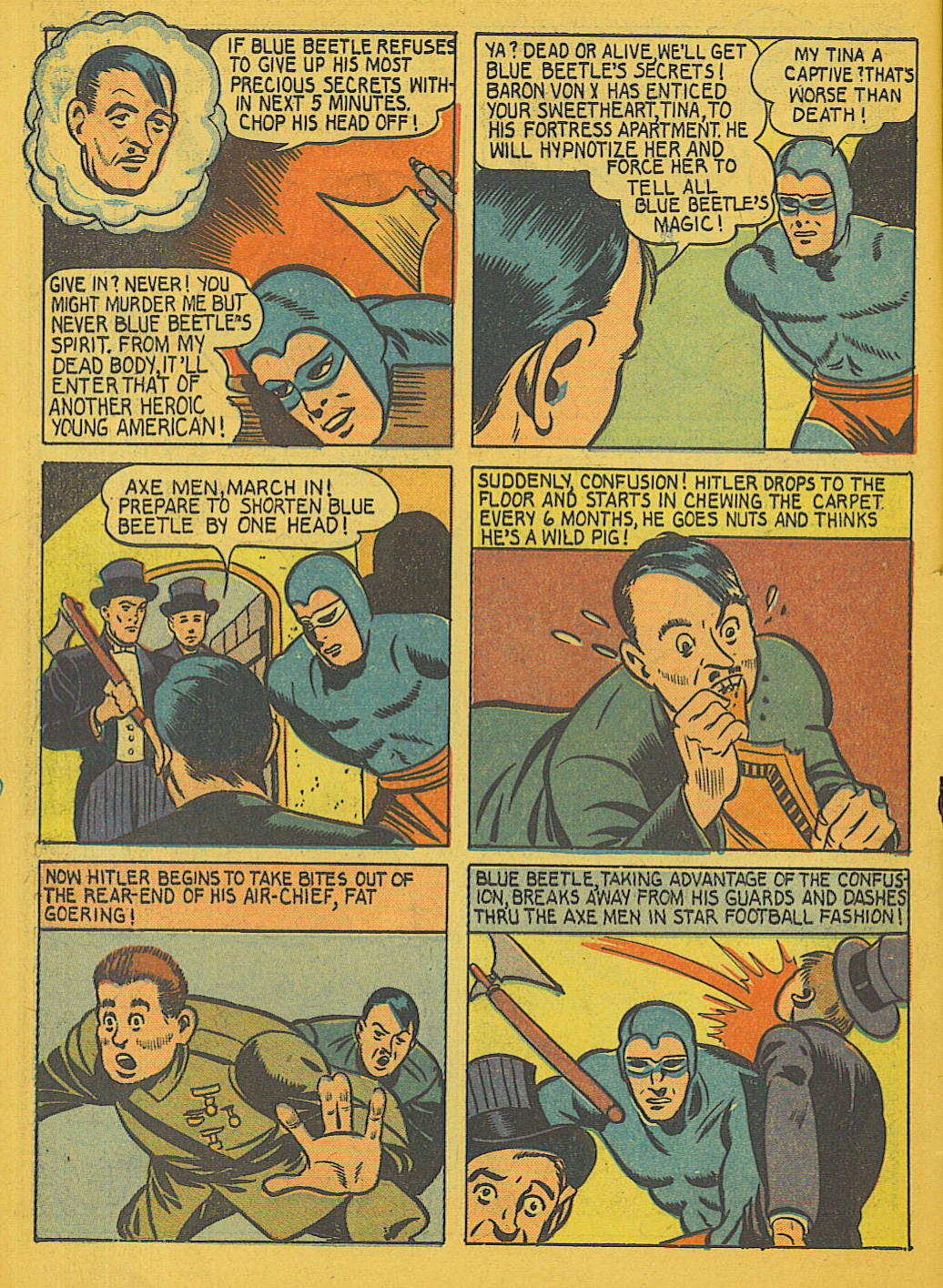 Blue Beetle (Fox / Dan Garrett), page 8. Blue Beetle (Dan Garrett). Public domain in the United States for Fox/Holyoke-era issues. Not Charlton or DC. Internet Archive folkscanomy scans used when Comic Book Plus returns 403.