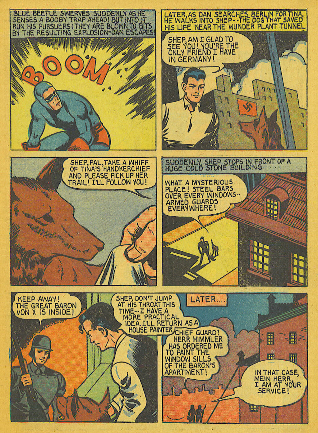 Blue Beetle (Fox / Dan Garrett), page 9. Blue Beetle (Dan Garrett). Public domain in the United States for Fox/Holyoke-era issues. Not Charlton or DC. Internet Archive folkscanomy scans used when Comic Book Plus returns 403.