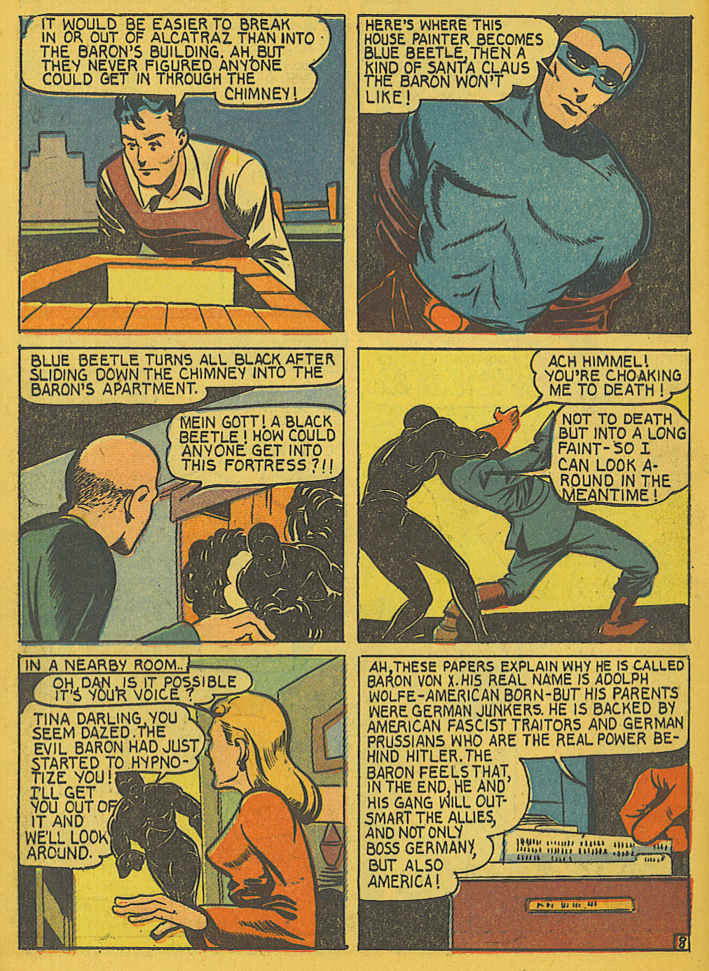 Blue Beetle (Fox / Dan Garrett), page 10. Blue Beetle (Dan Garrett). Public domain in the United States for Fox/Holyoke-era issues. Not Charlton or DC. Internet Archive folkscanomy scans used when Comic Book Plus returns 403.