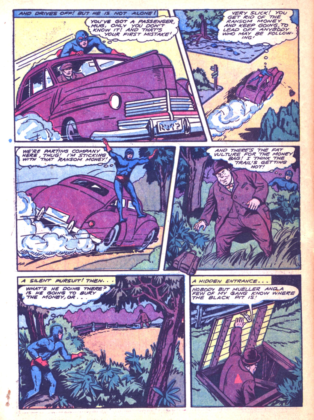 Blue Beetle (Fox / Dan Garrett), page 11. Blue Beetle (Dan Garrett). Public domain in the United States for Fox/Holyoke-era issues. Not Charlton or DC. Internet Archive folkscanomy scans used when Comic Book Plus returns 403.