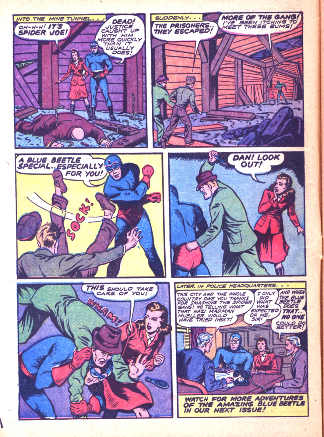 Blue Beetle (Fox / Dan Garrett), page 17. Blue Beetle (Dan Garrett). Public domain in the United States for Fox/Holyoke-era issues. Not Charlton or DC. Internet Archive folkscanomy scans used when Comic Book Plus returns 403.